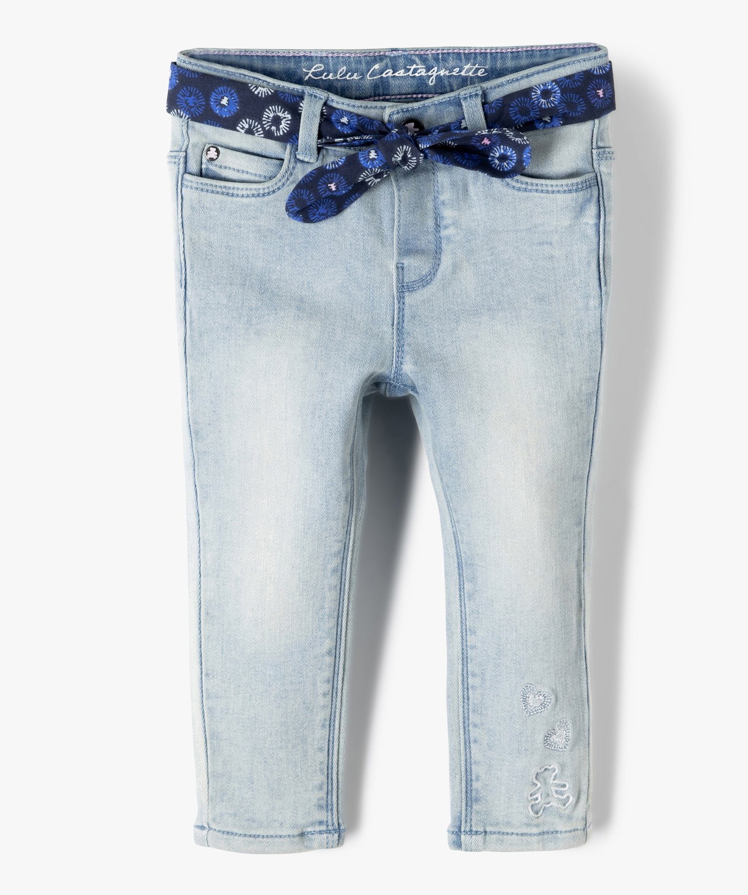 jean fille delave avec ceinture bandana - lulu castagnette bleu pantalons et jeans