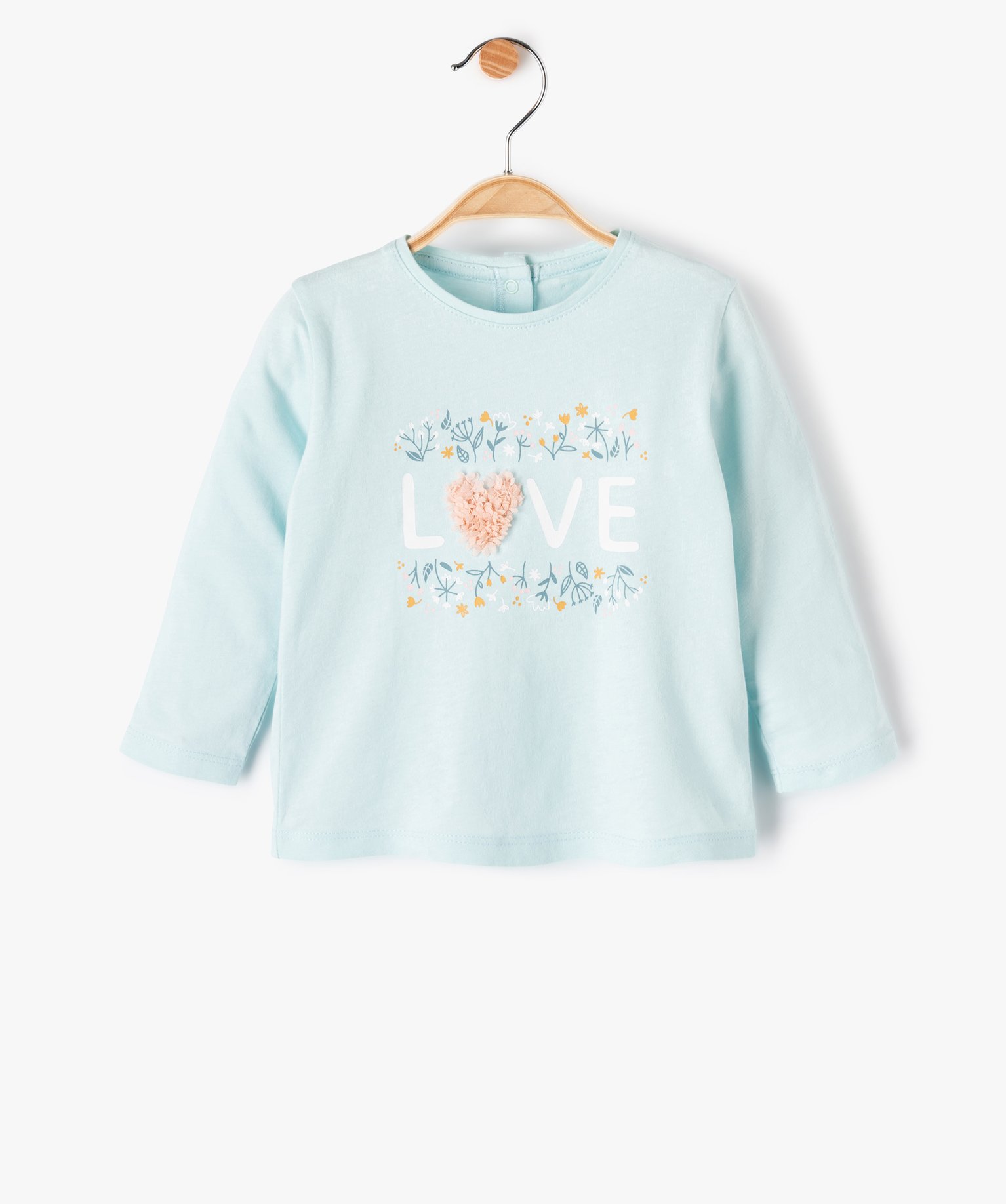 tee-shirt bebe fille avec motif fleuri en relief bleu