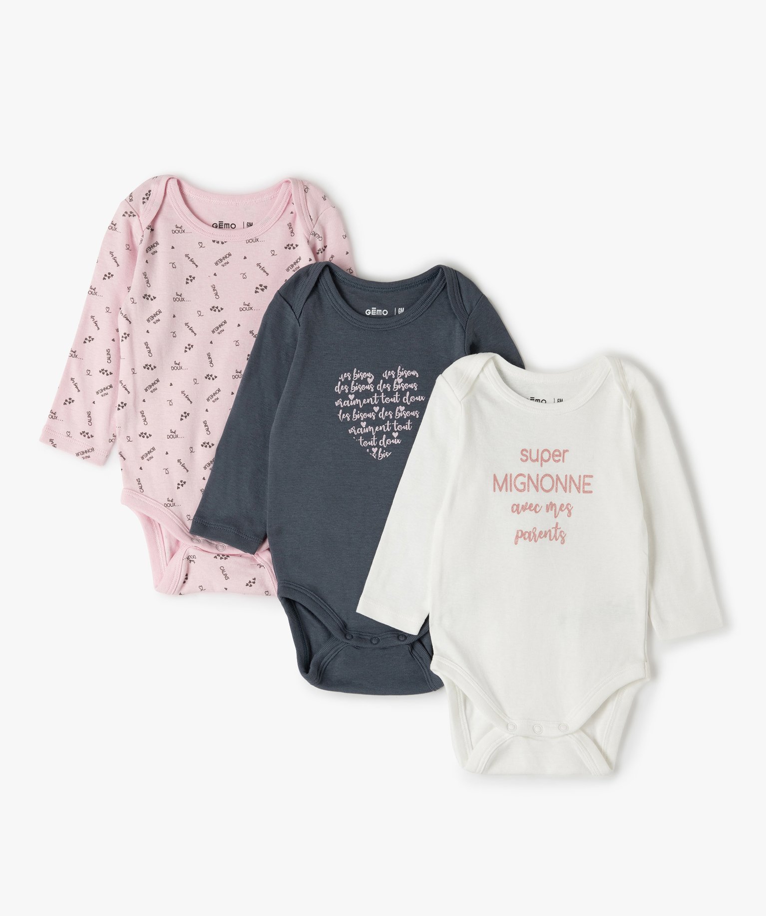 body bebe fille a manches longues imprimes (lot de 3) rose bebe