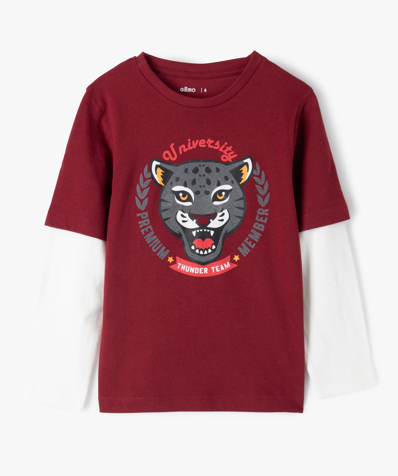 tee-shirt garcon manches longues effet 2 en 1 a motif rouge tee-shirts
