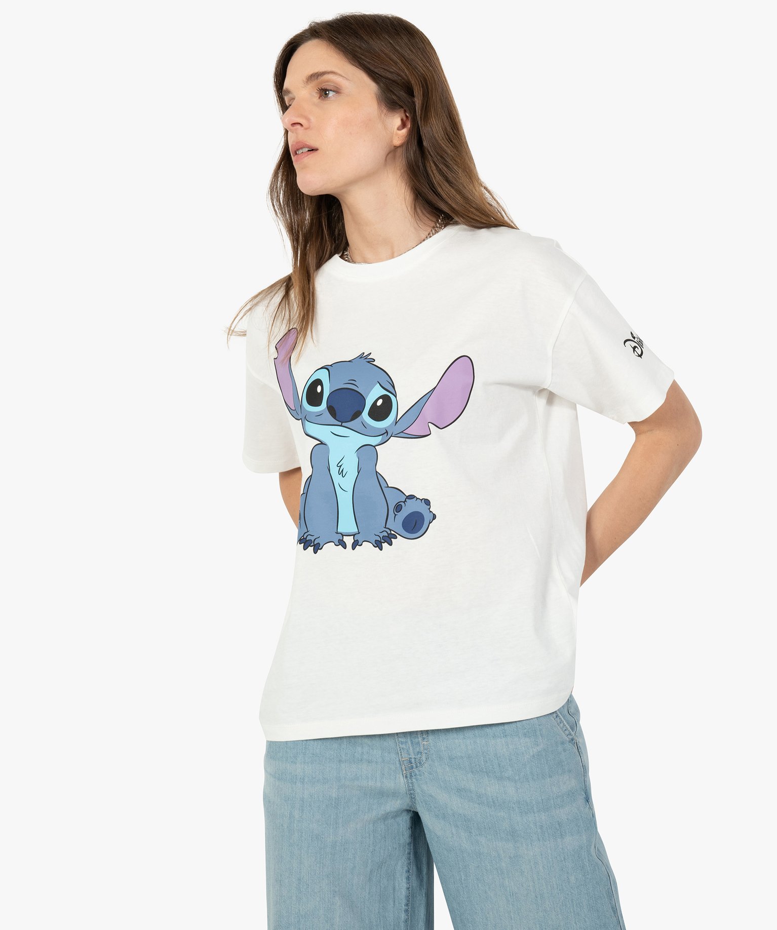 tee-shirt femme a manches courtes lilo et stitch- disney beige femme