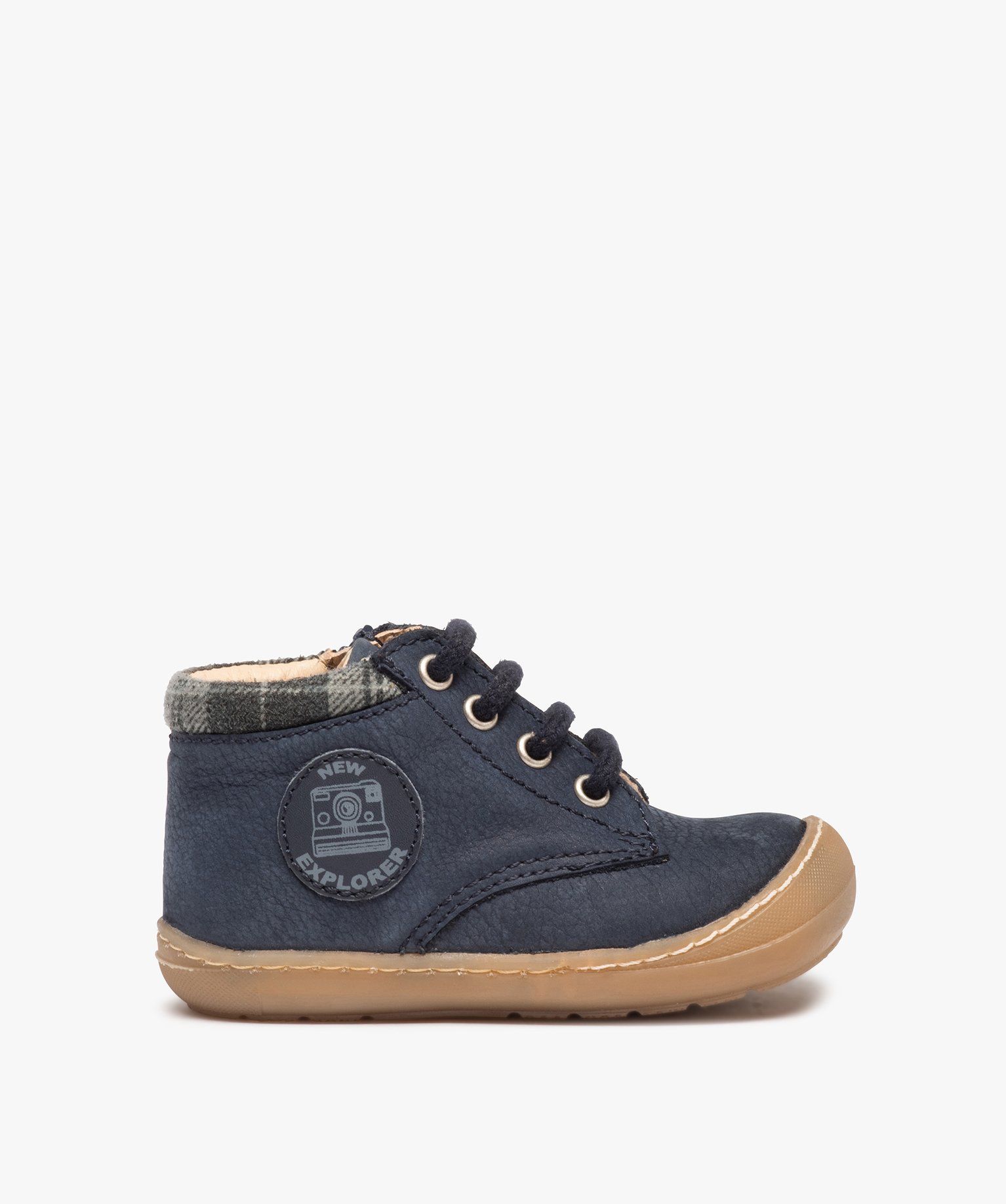 chaussures premiers pas bebe garcon bicolores dessus cuir bleu chaussures  de parc promos