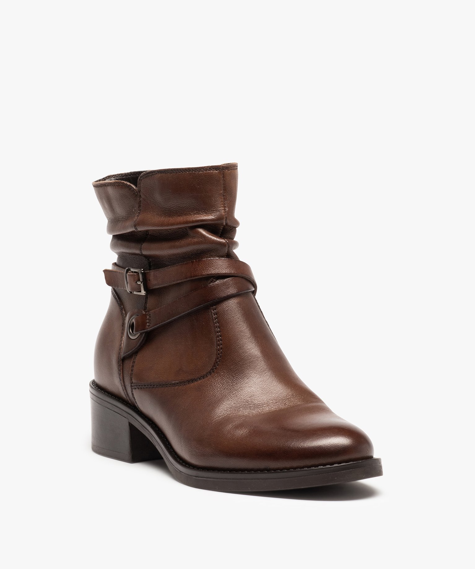 boots femme unies a talon large tige drapee sur la cheville marron standard bottines et boots femme GEMO