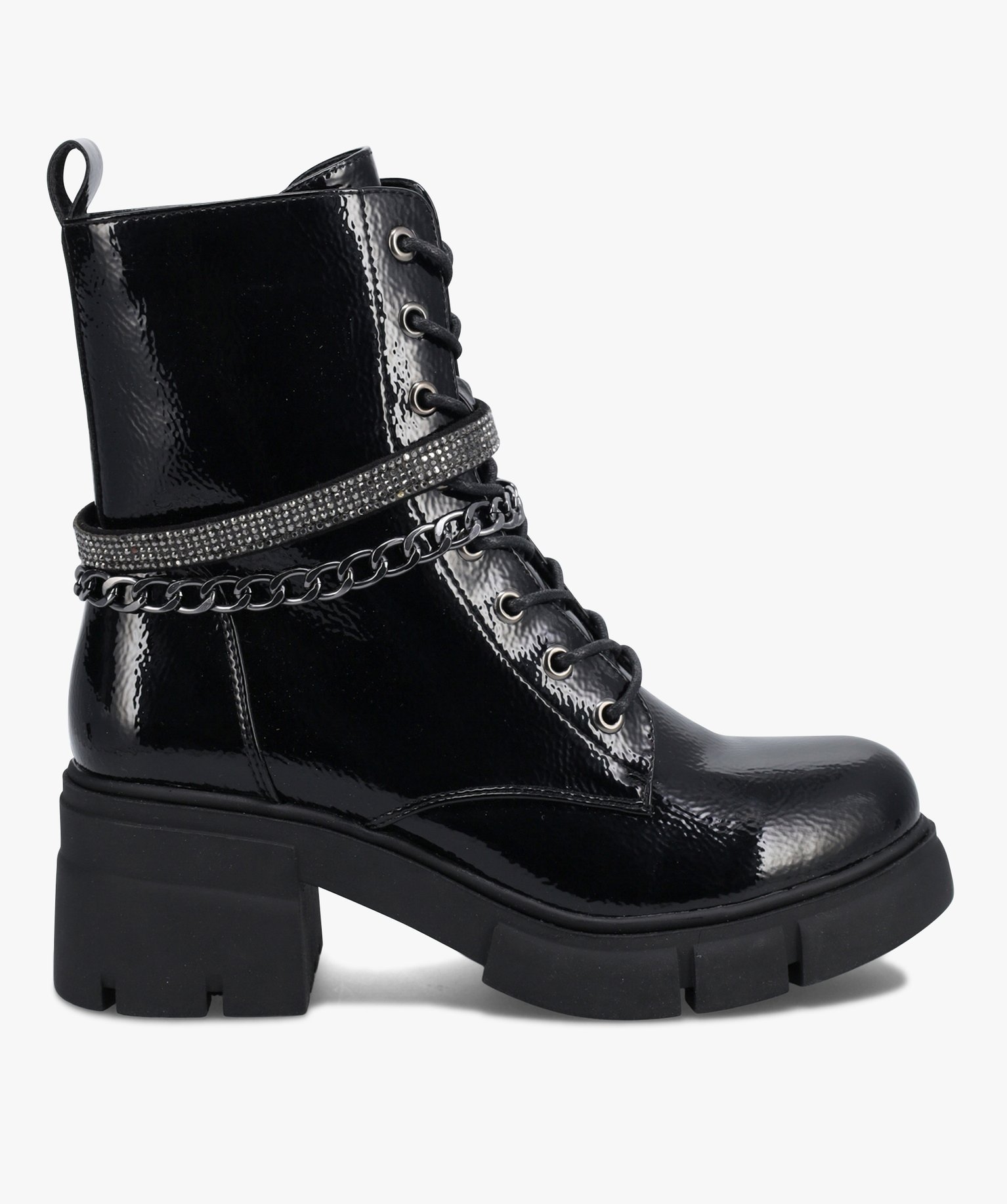bottines femme rock vernies avec brides metalliques noir bottines