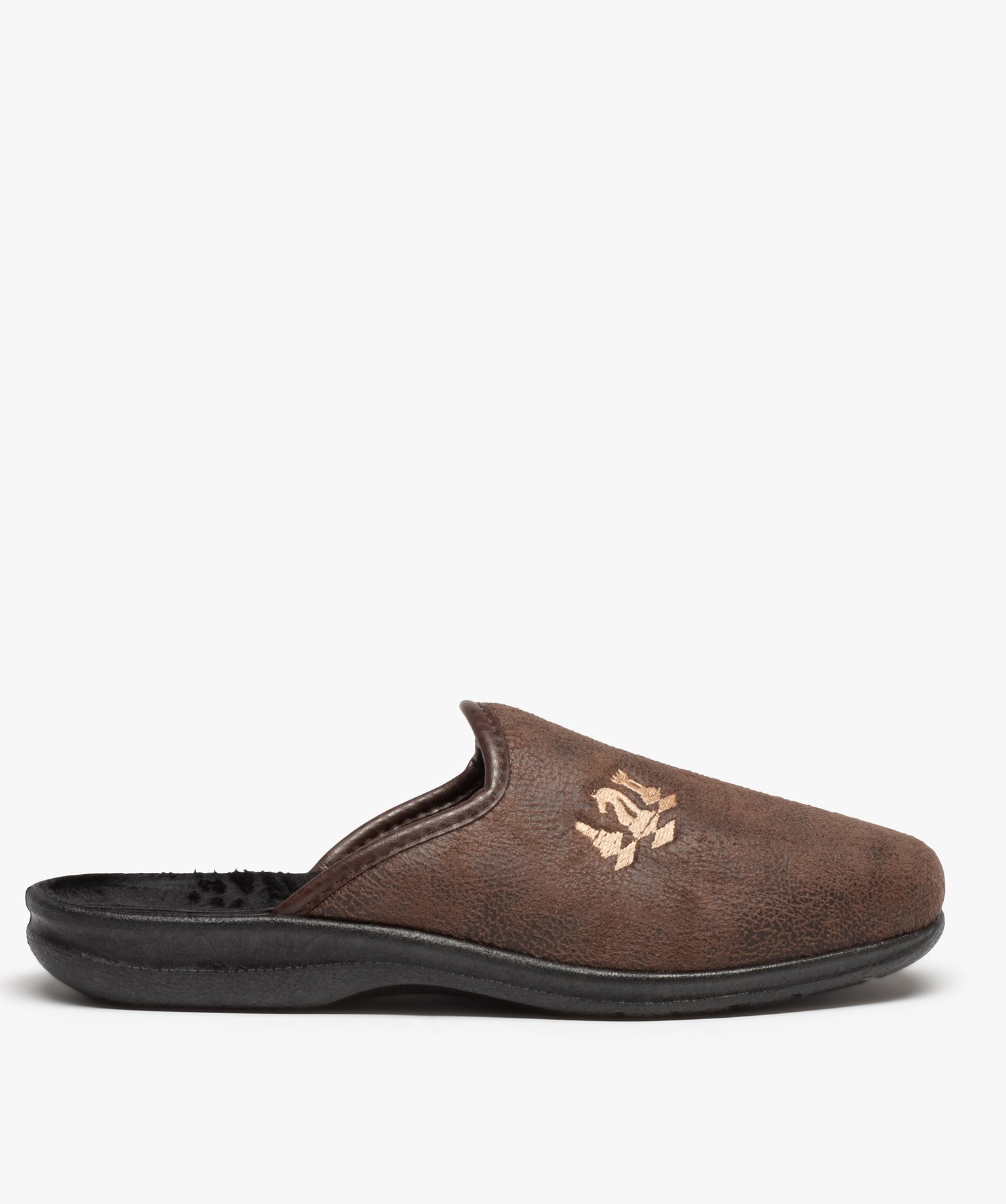 chaussons homme mules brodees dessus cuir imitation brun