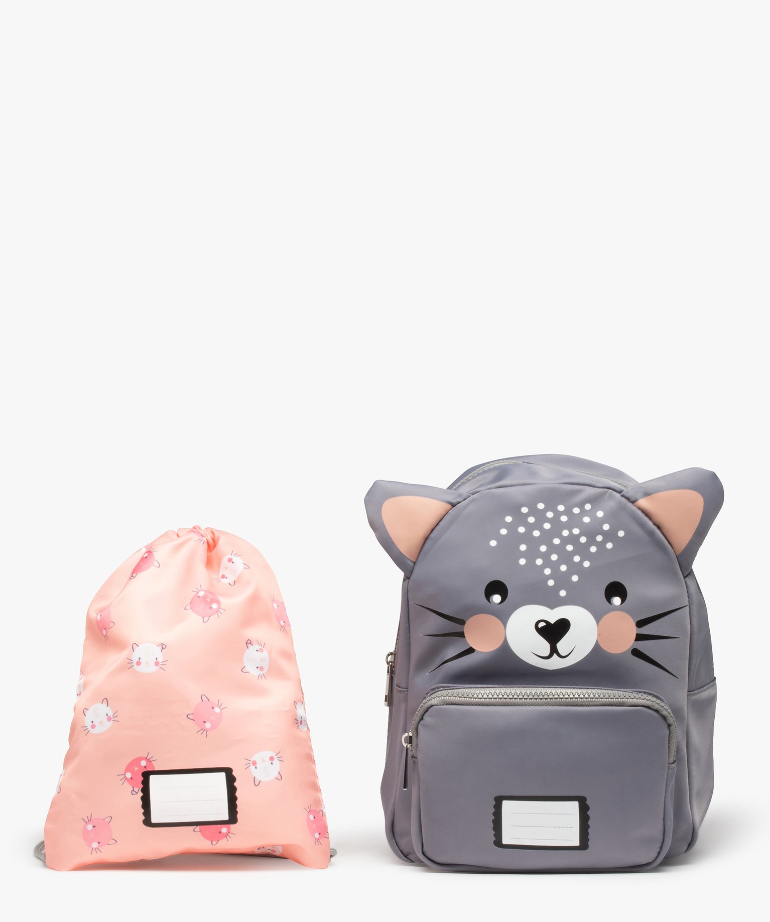 sac a dos maternelle fille imprime chats avec pochette assortie gris