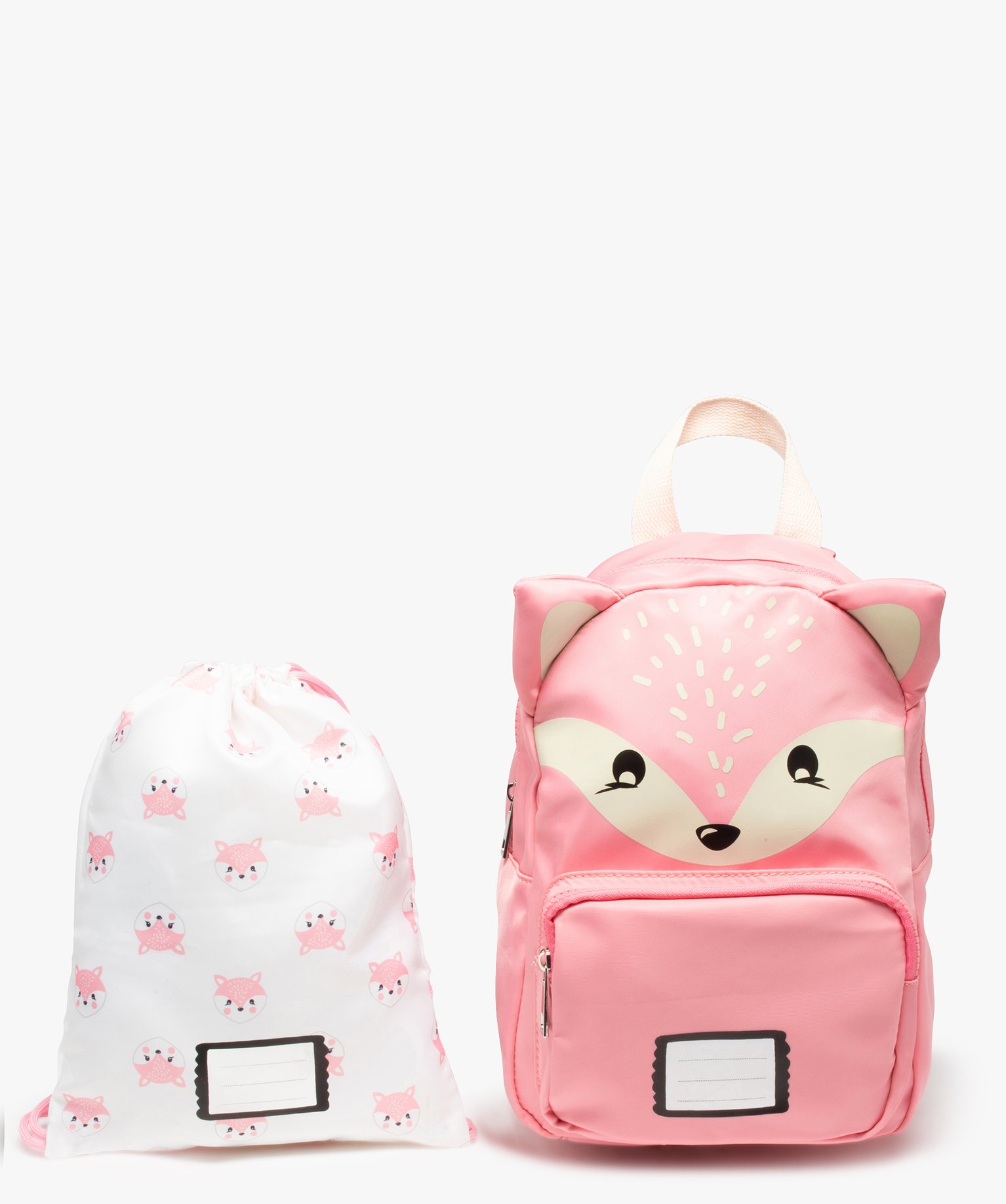 sac a dos maternelle fille imprime renard avec pochette assortie rose