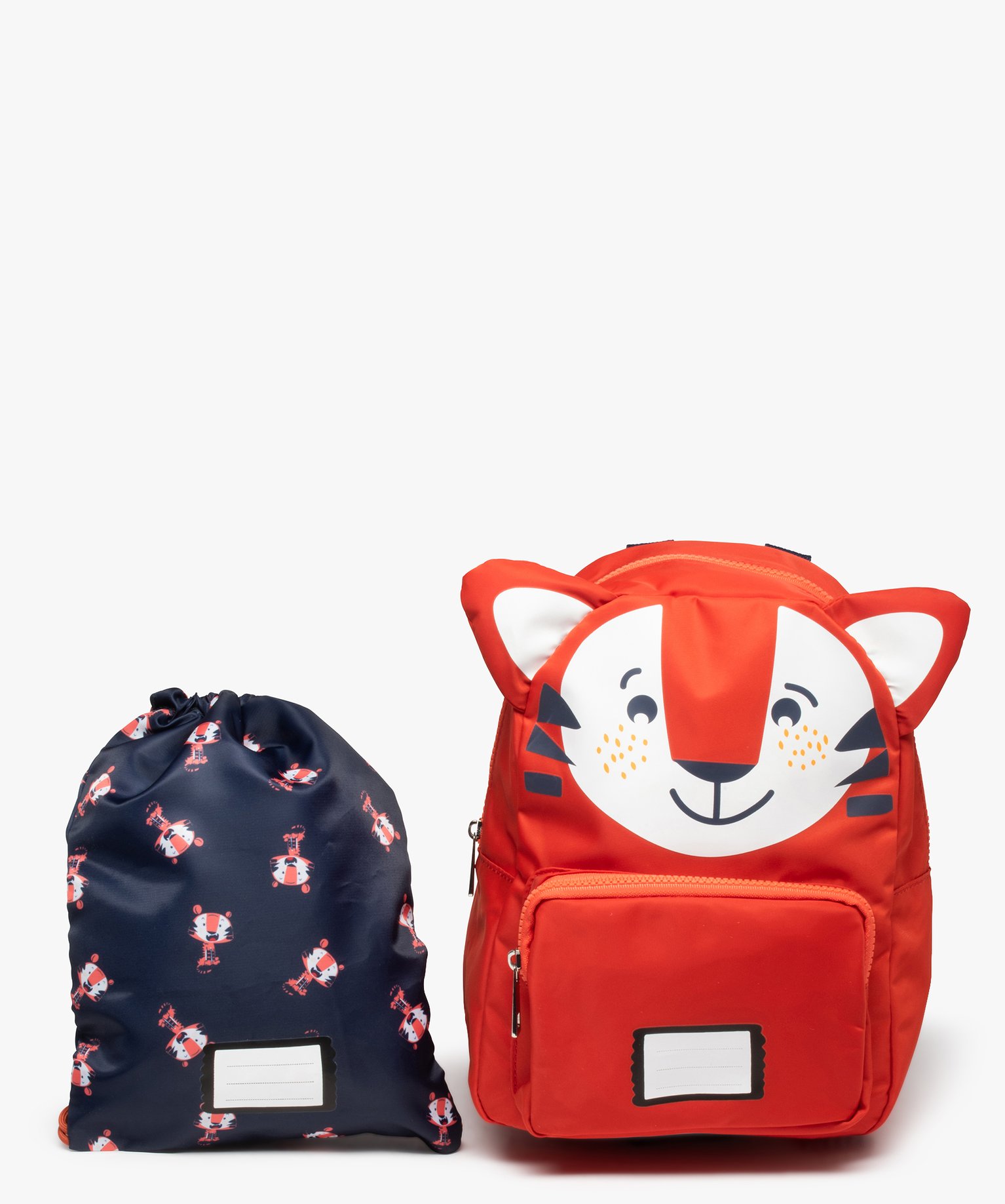 sac a dos maternelle imprime tigre avec pochette assortie orange