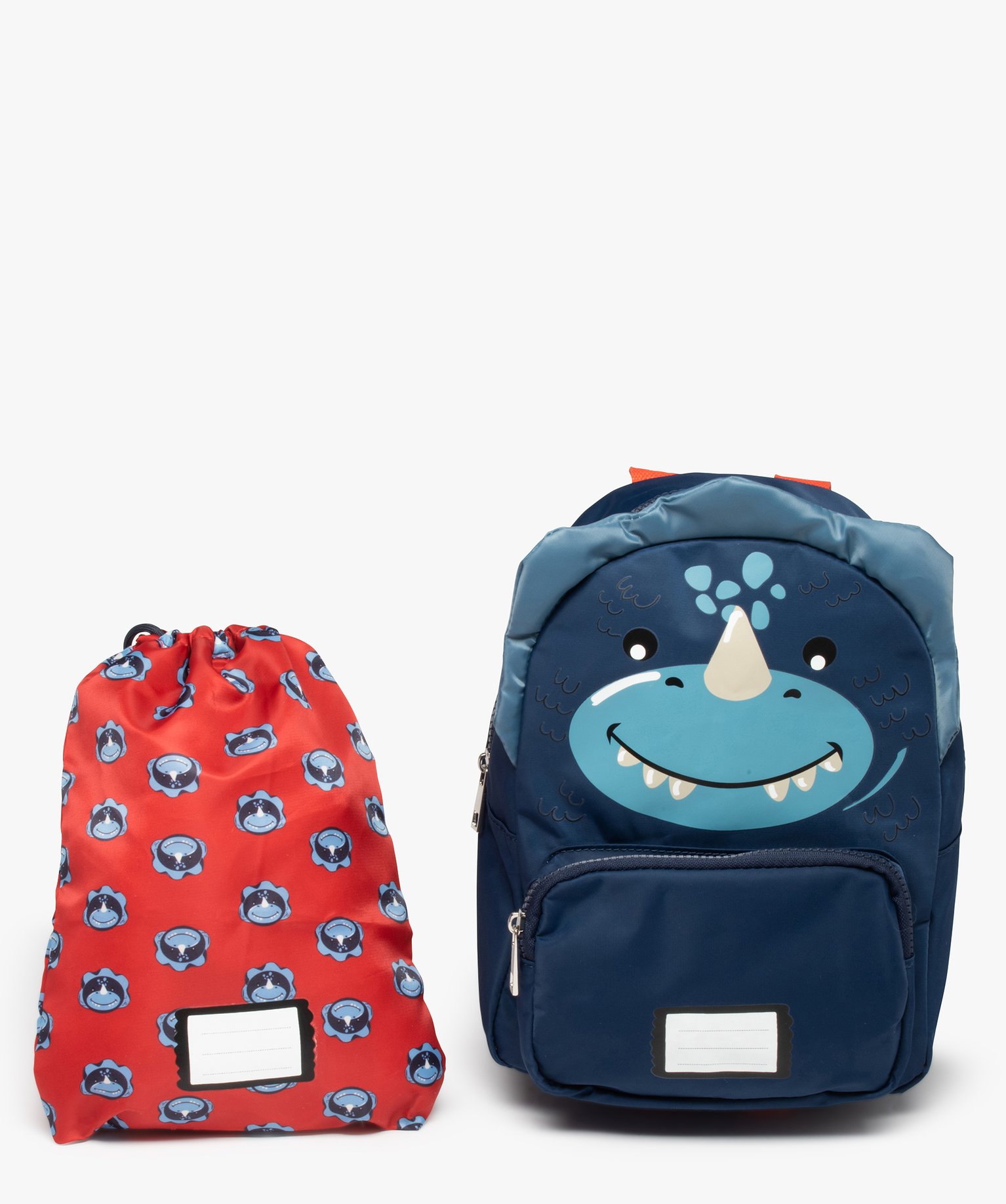 sac a dos maternelle garcon dinosaure avec pochette assortie bleu