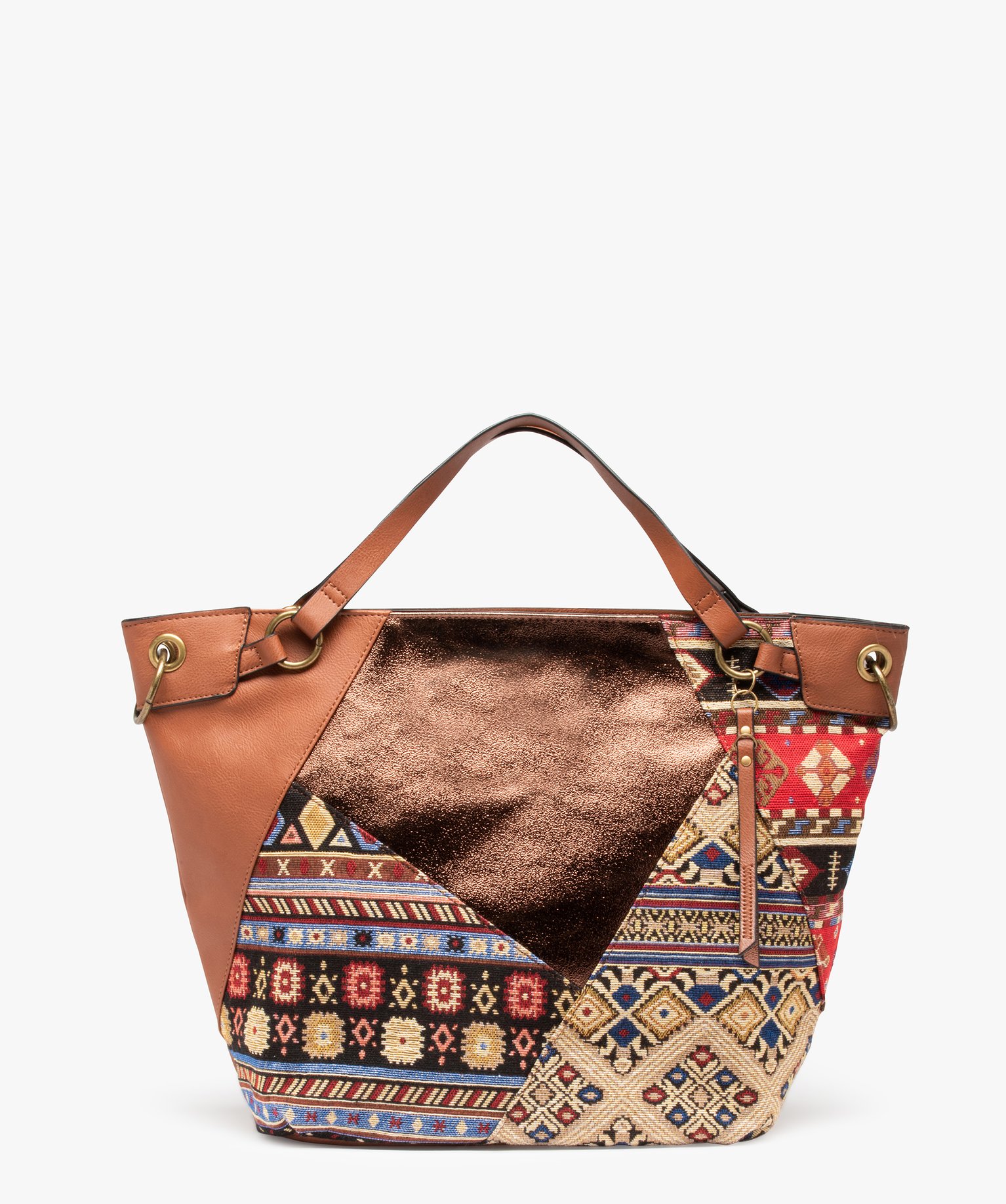 sac femme forme cabas avec devant en tapisserie brun sacs a main