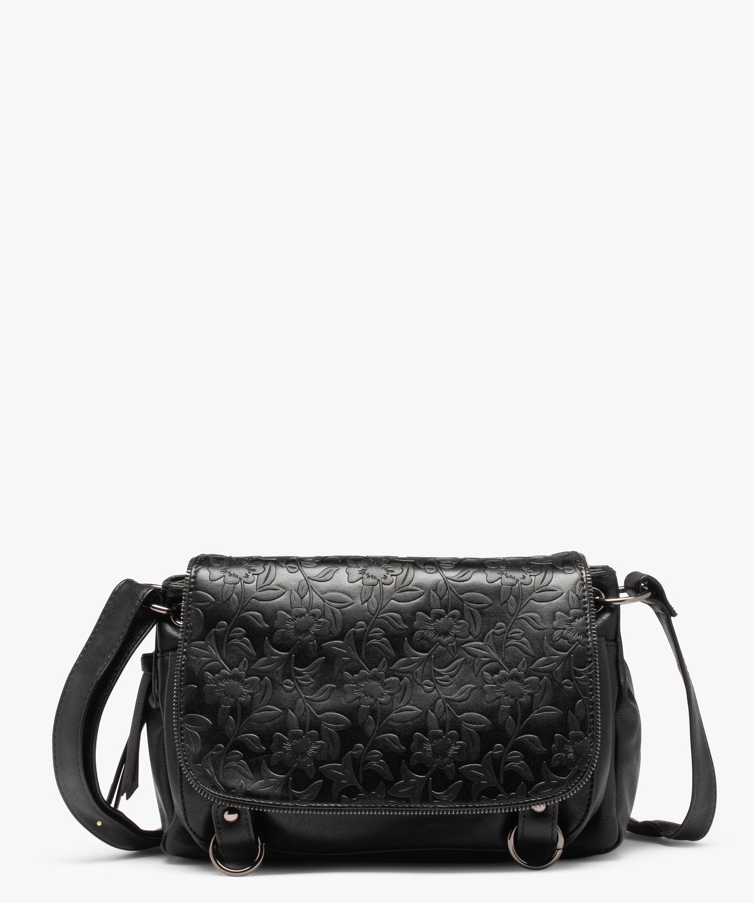 sac femme forme besace avec details zippes et fleurs en relief noir sacs bandouliere