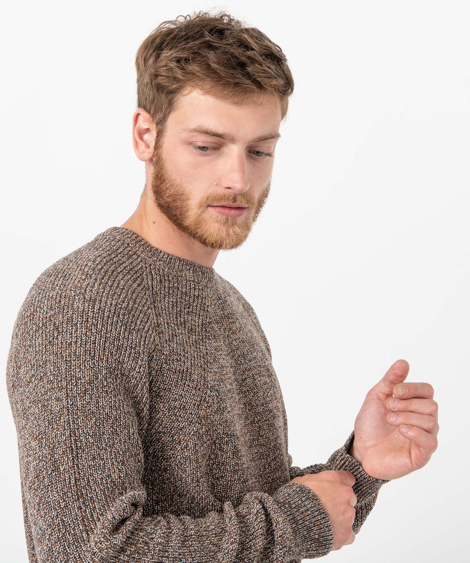 pull homme a col rond en maille chinee beige pulls