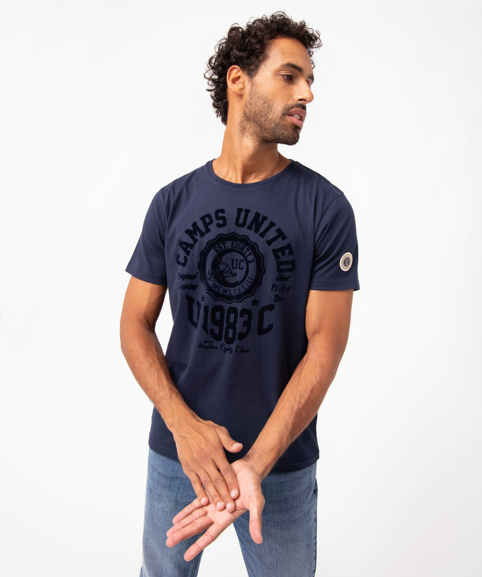 tee-shirt homme avec inscription velours - camps united bleu tee-shirts