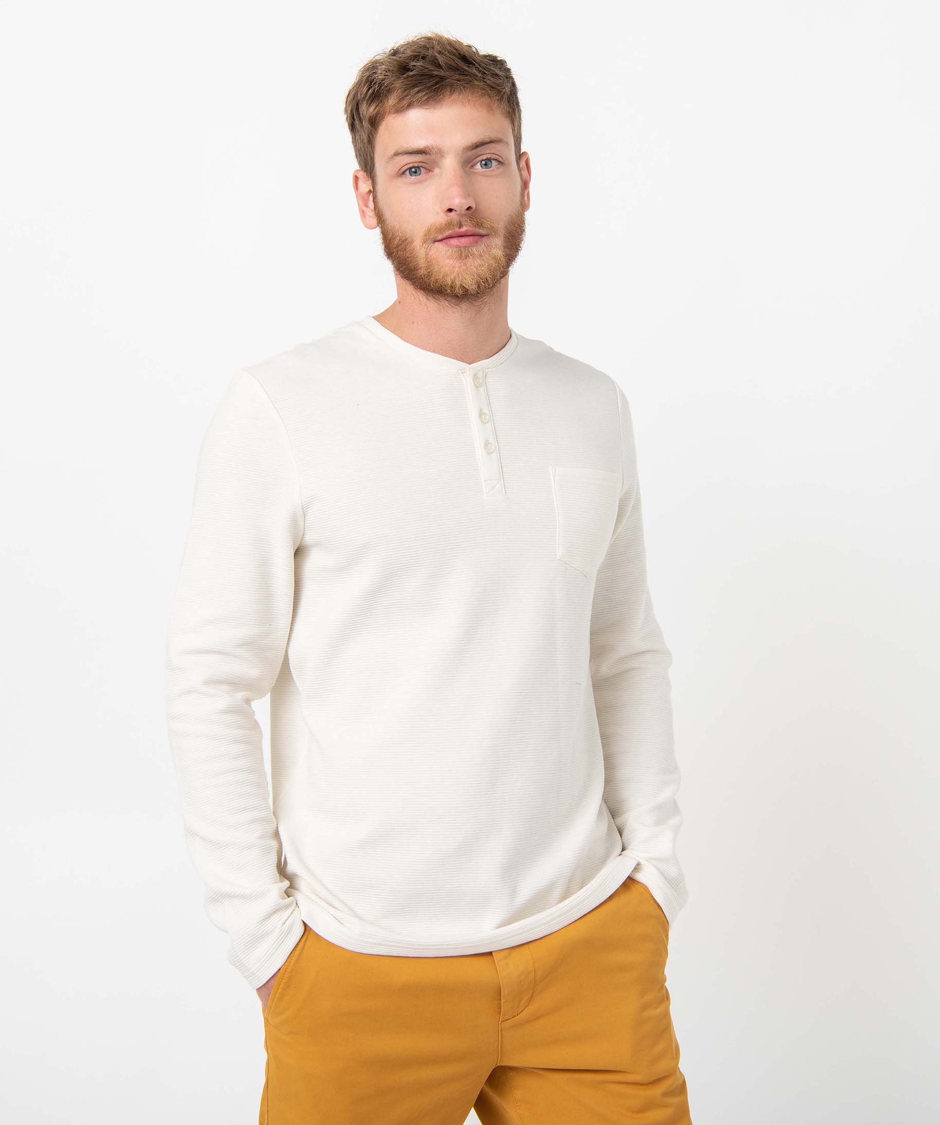 tee-shirt homme a manches longues a col boutonne beige tee-shirts