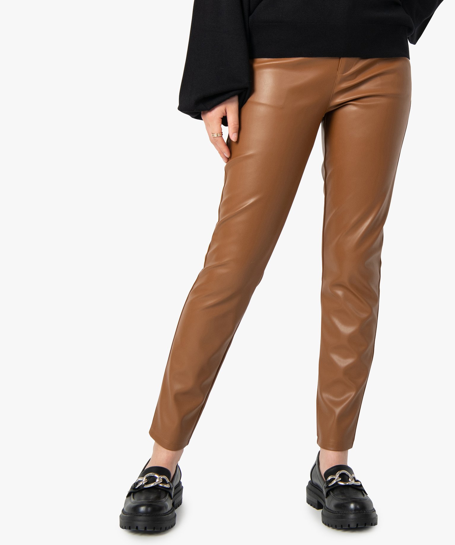 pantalon femme en synthetique imitation cuir orange leggings et jeggings