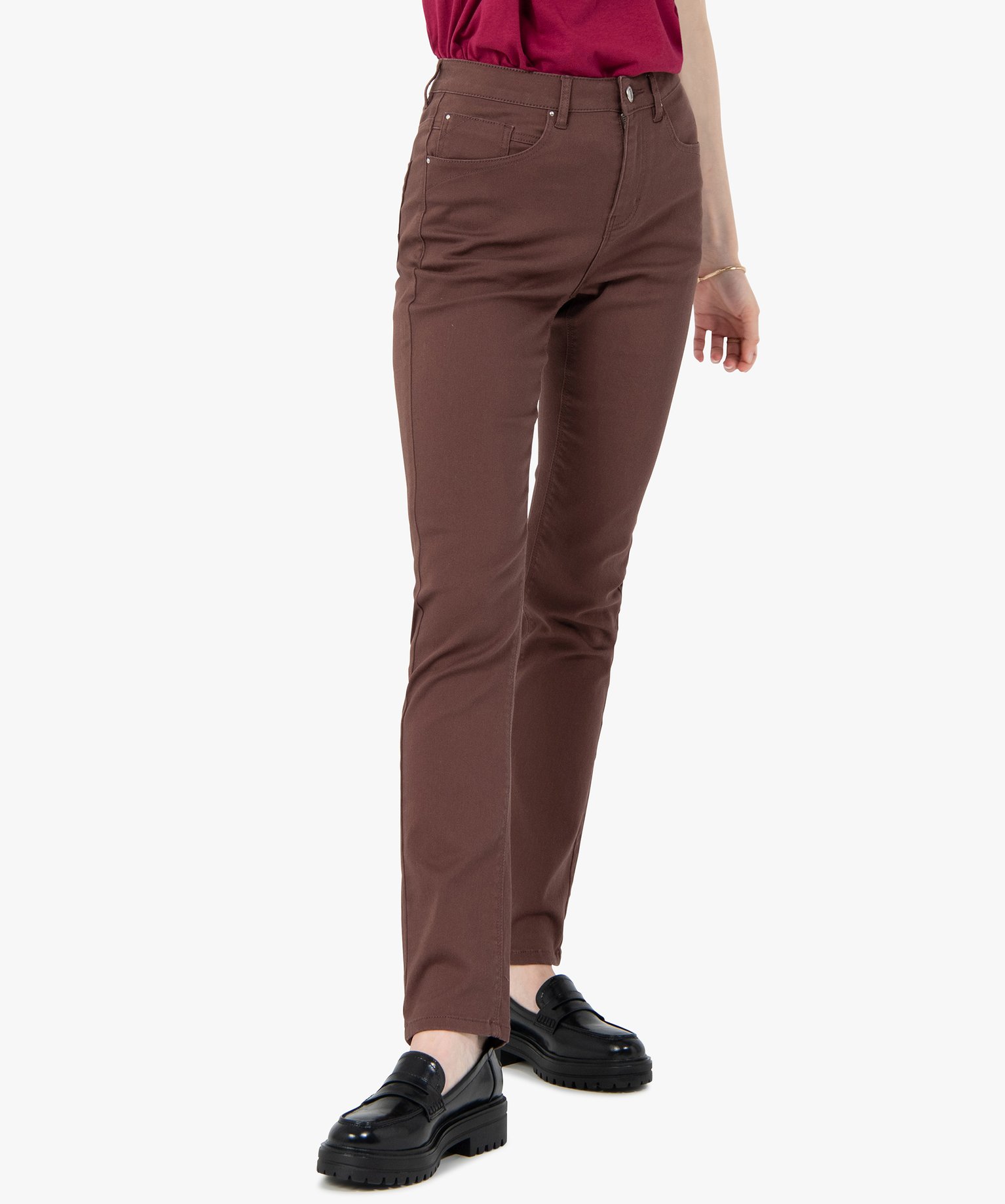 pantalon femme en coton stretch coupe regular brun pantalons