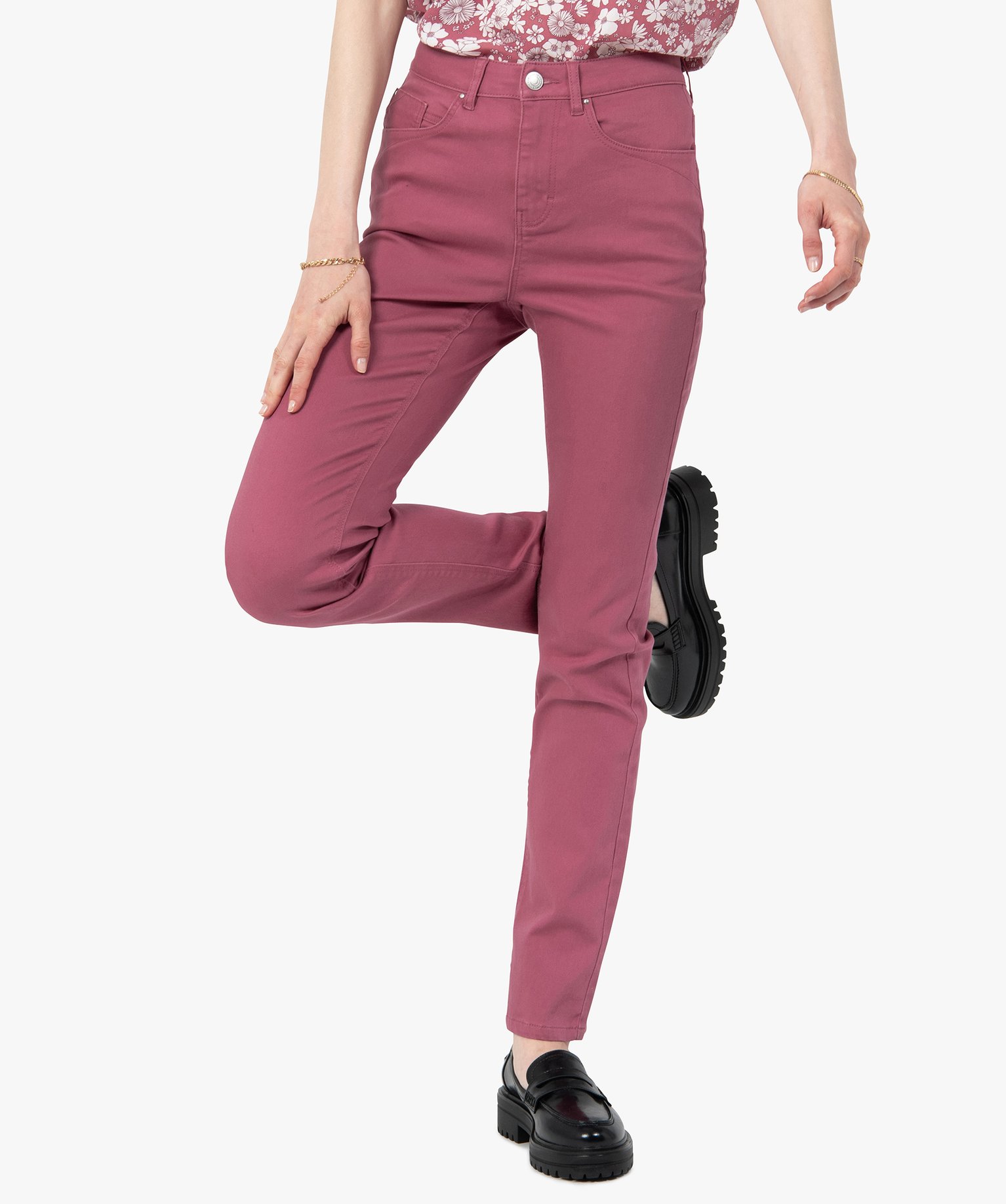 pantalon femme en coton stretch coupe regular violet pantalons