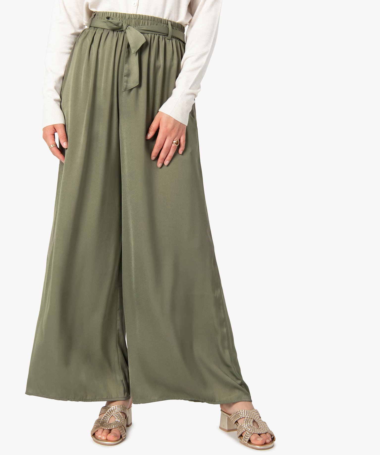 pantalon femme large en matiere satinee vert pantalons