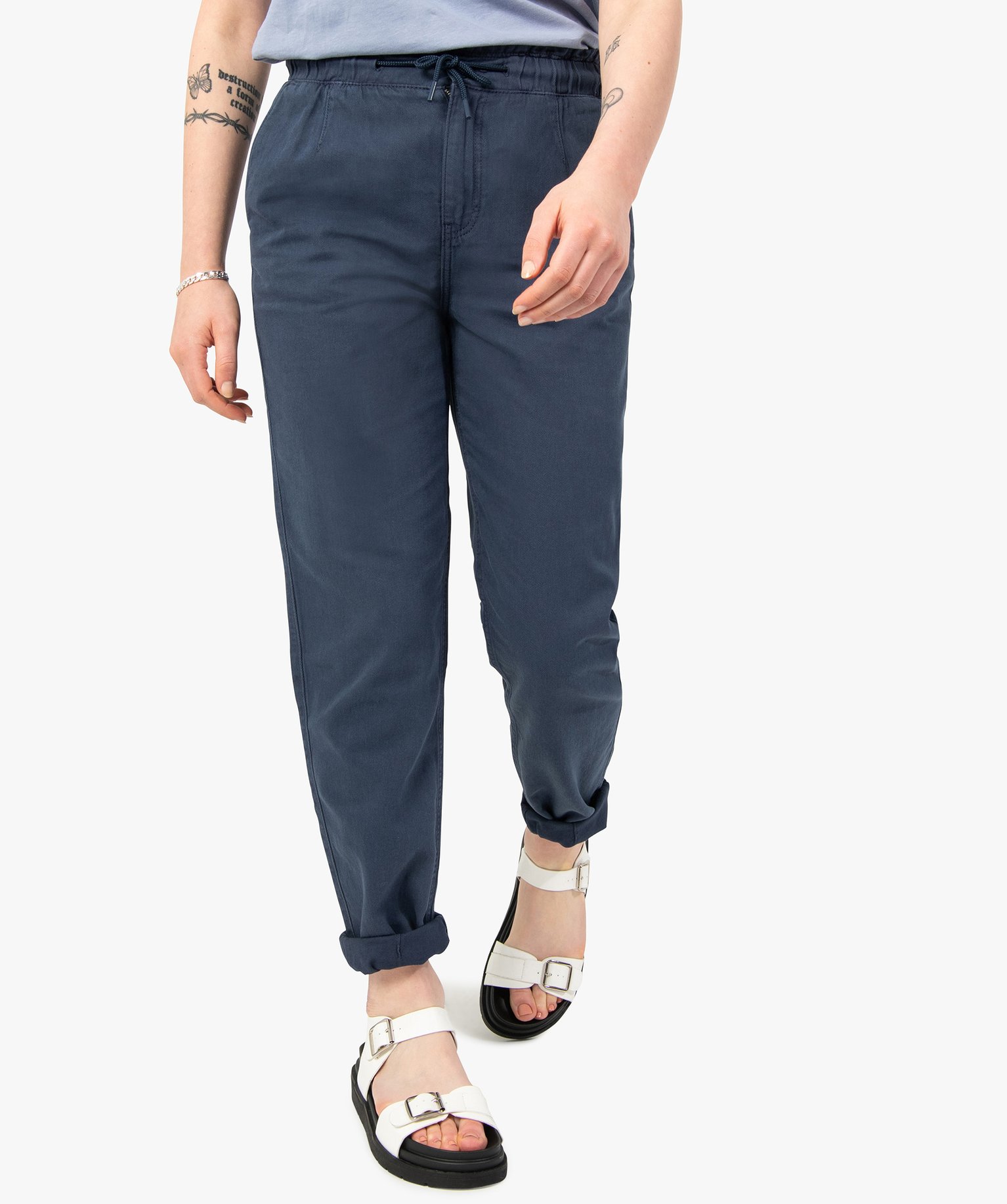 pantalon femme coupe ample avec ceinture elastiquee bleu pantalons