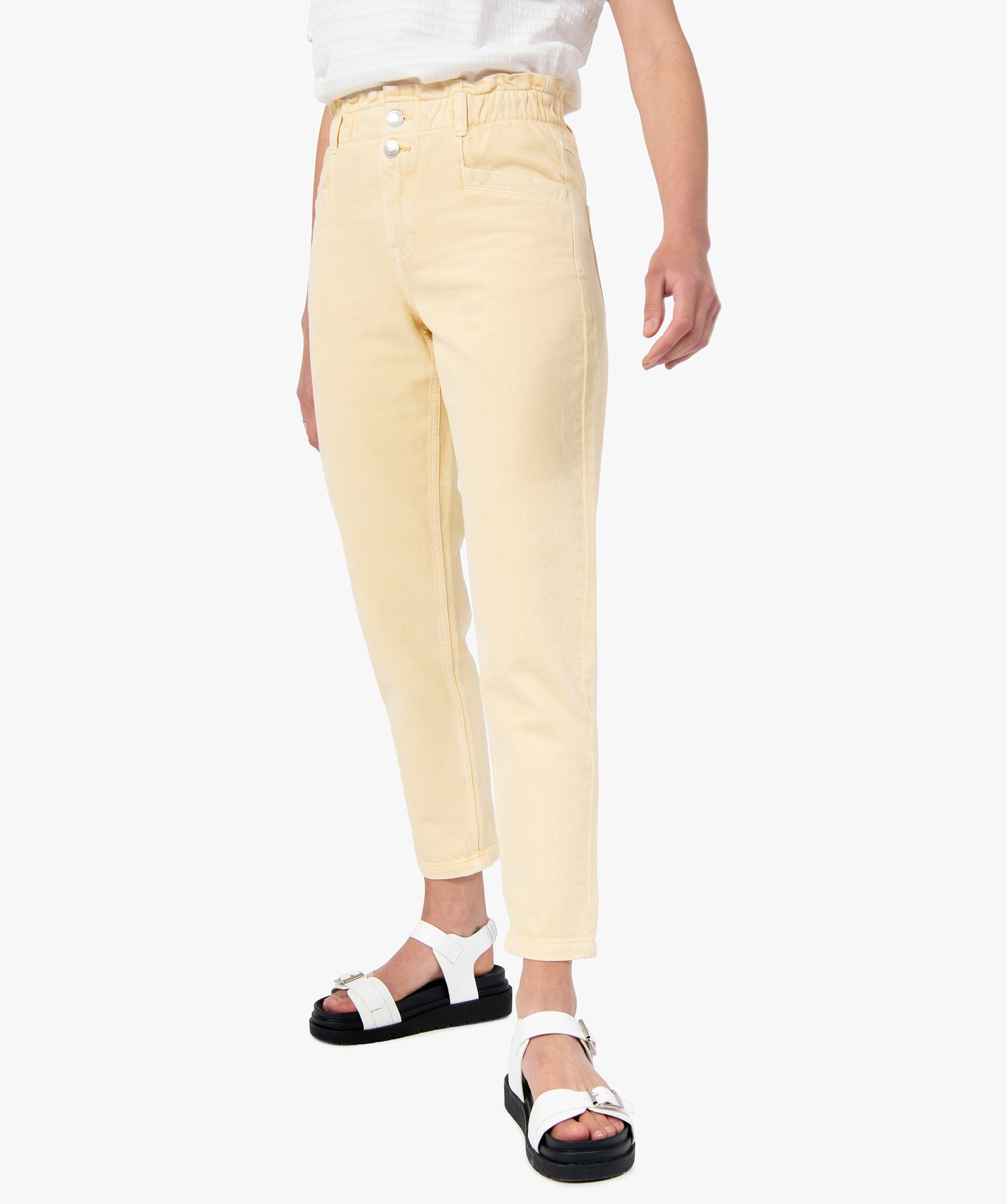 pantalon femme en toile denim avec ceinture elastique jaune pantacourts