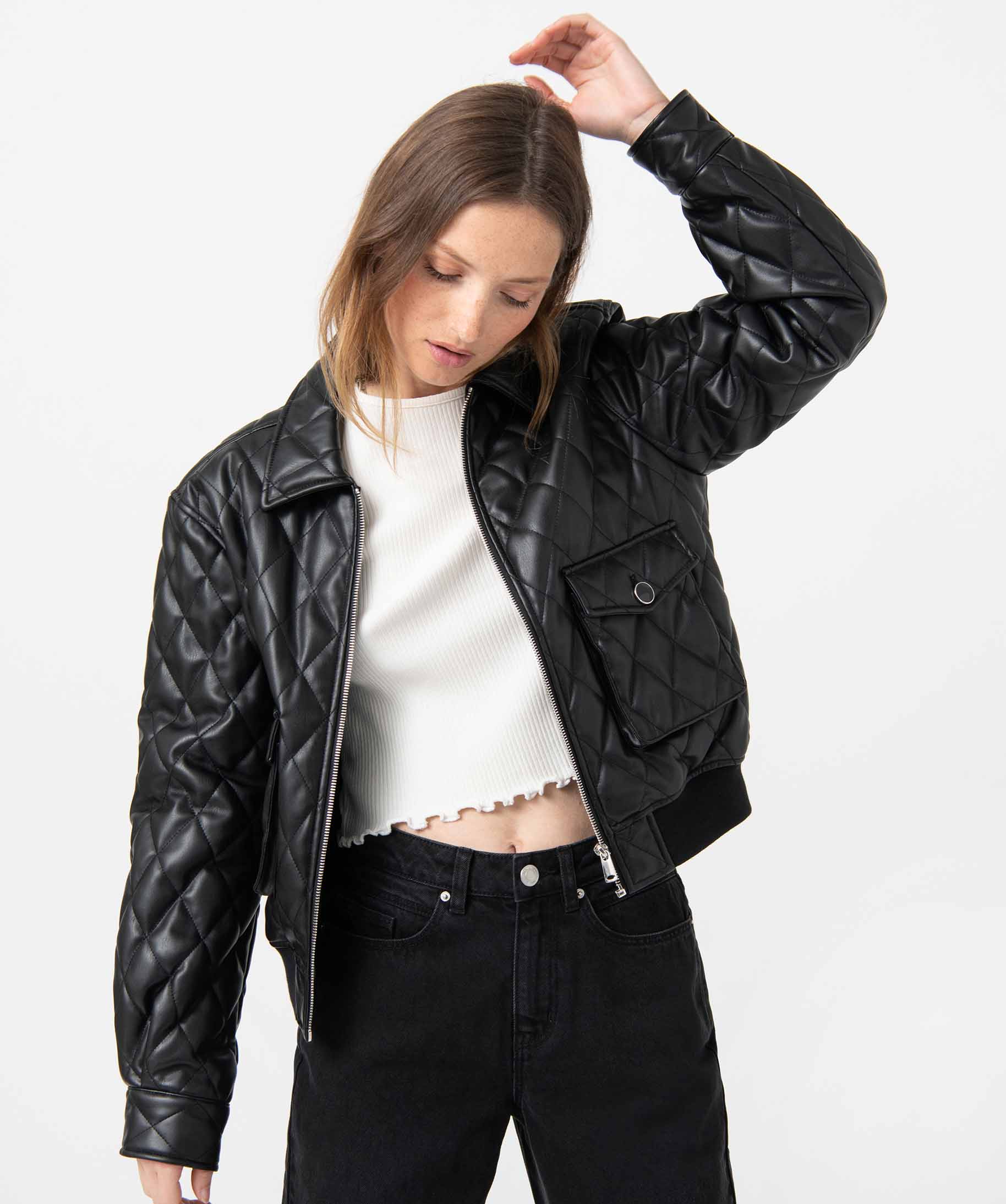 blouson femme en matiere synthetique matelassee noir femme G MO