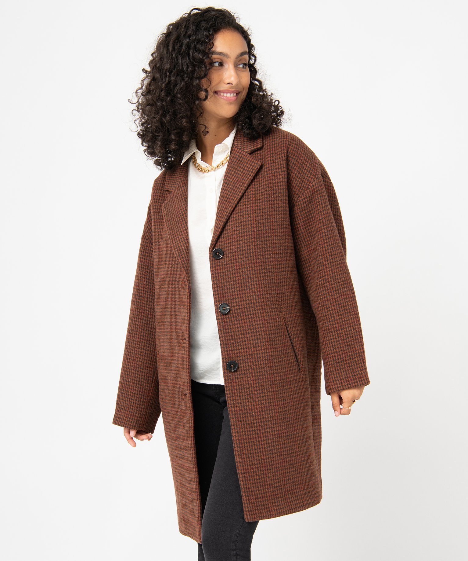 manteau femme en drap de laine motif pied-de-poule orange manteaux