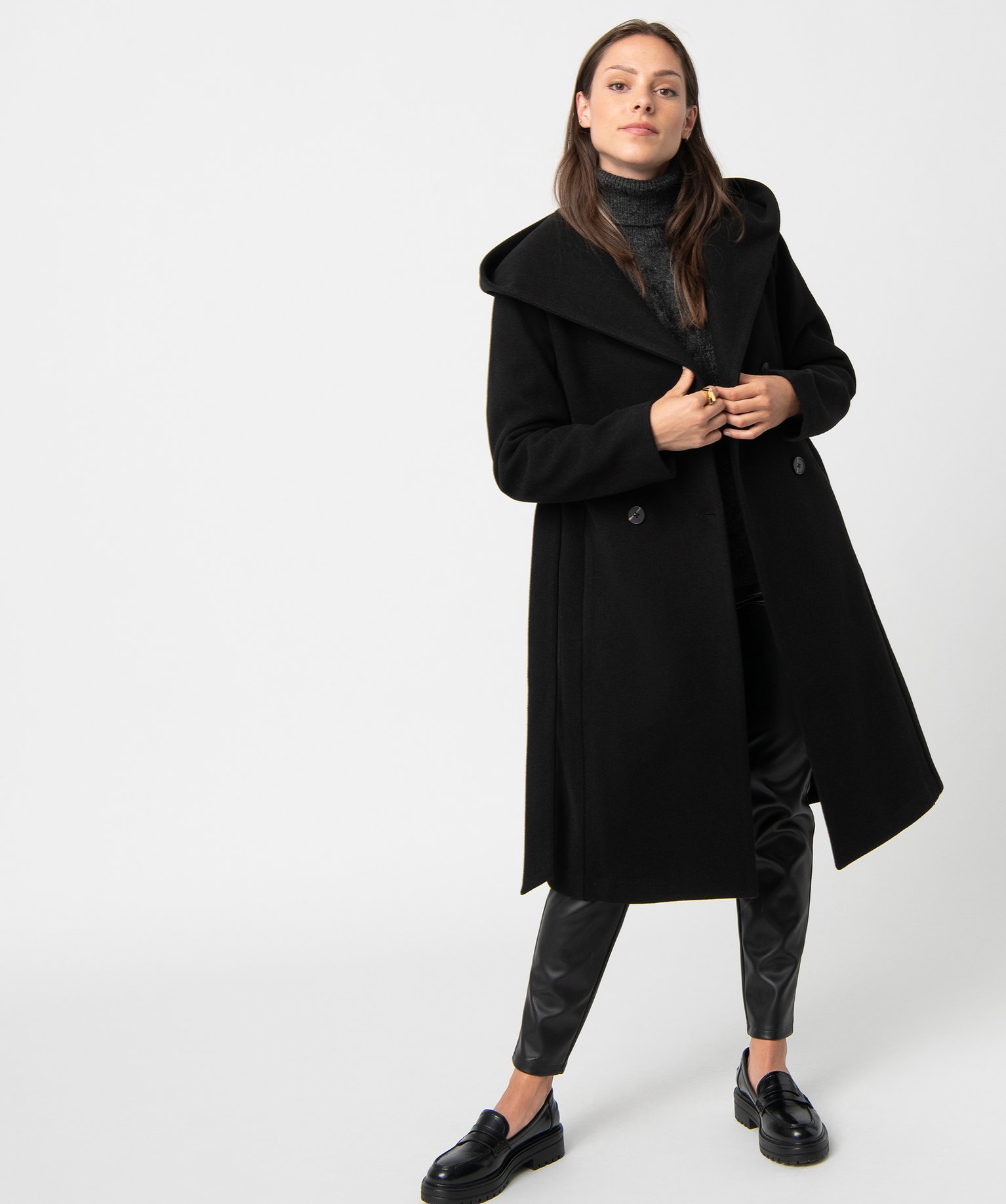 manteau femme mi-long a grand col capuche noir manteaux