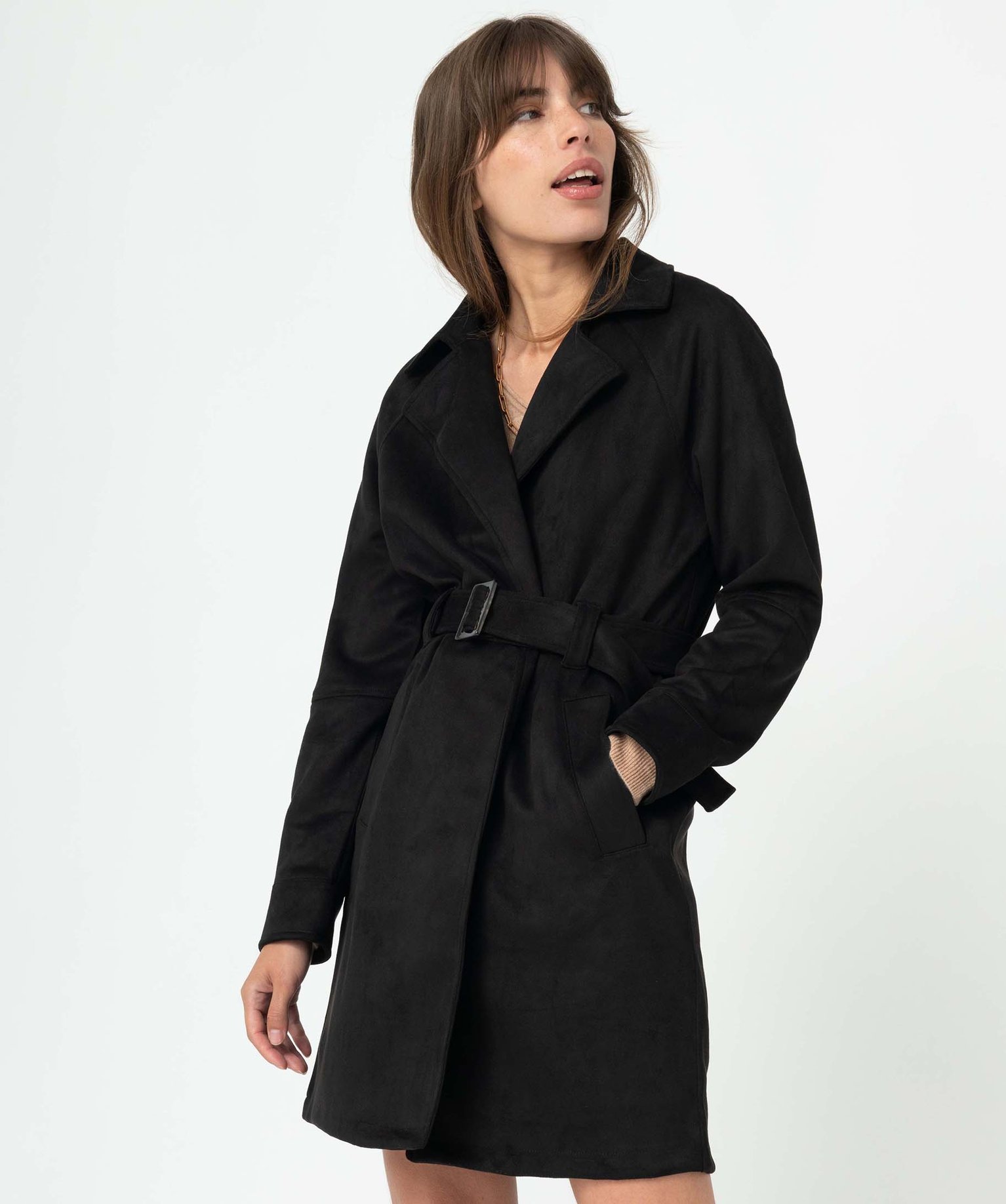 manteau femme en suedine avec ceinture noir manteaux