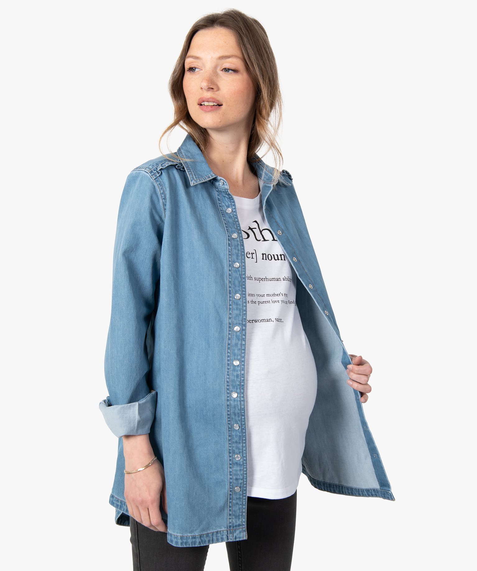 chemise de grossesse en jean avec details fronces bleu chemisiers et blouses