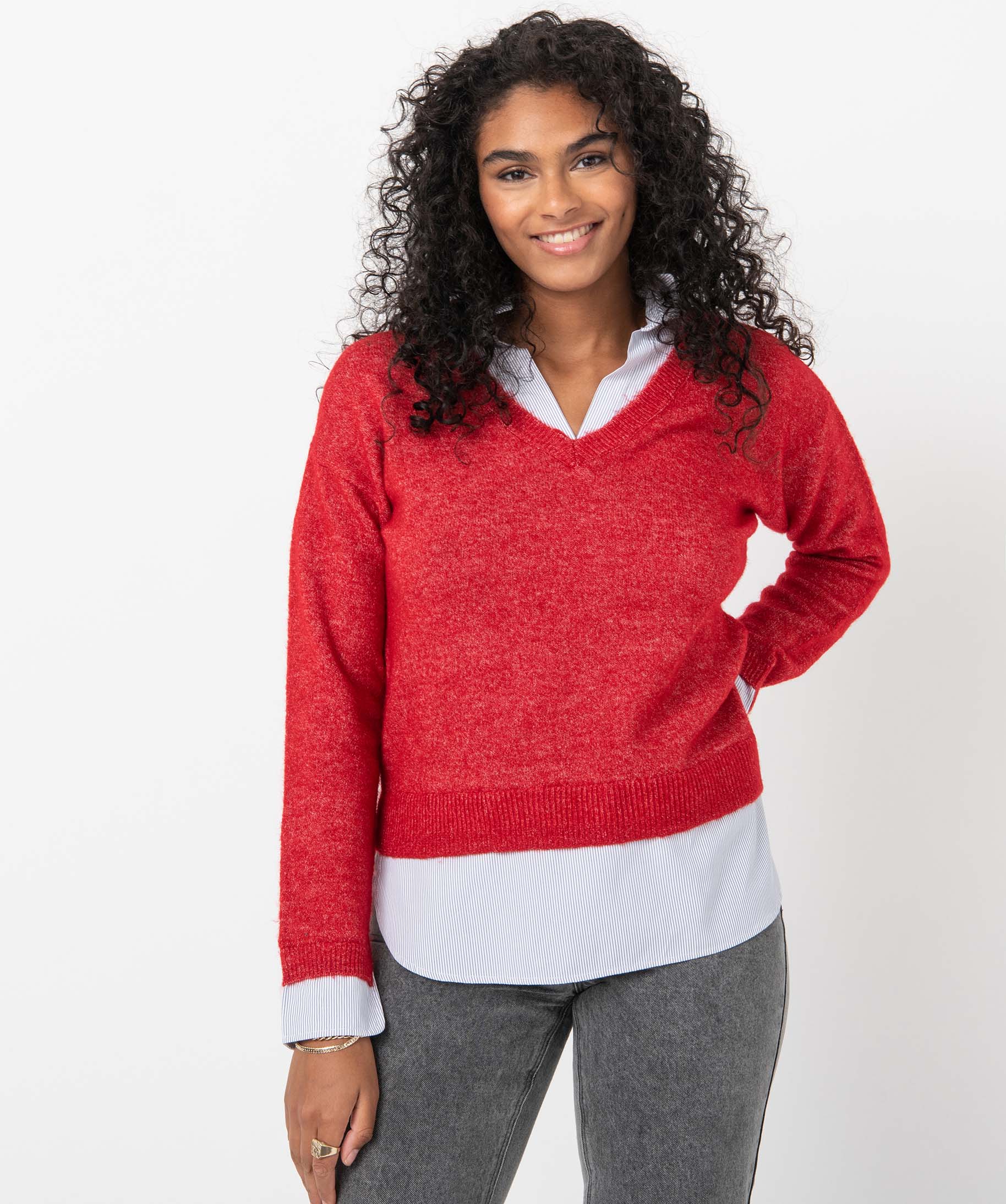 pull femme avec col chemise effet 2 en 1 rouge pulls femme