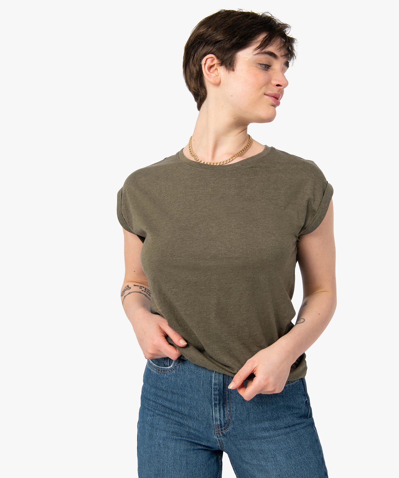 tee-shirt femme a manches courtes a revers vert t-shirts manches courtes