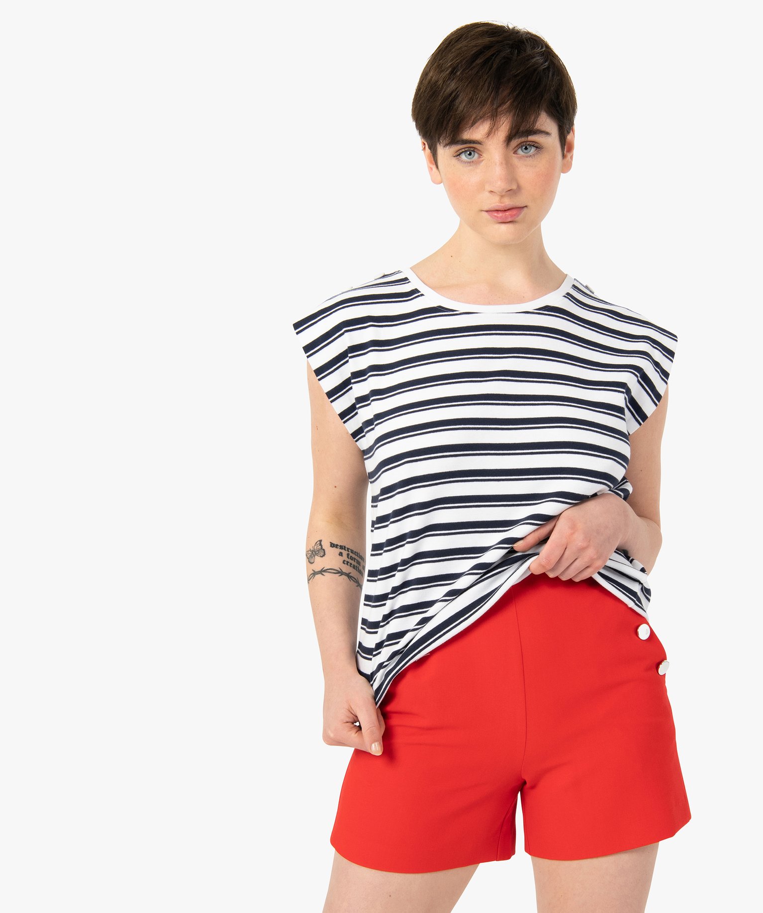 tee-shirt femme raye sans manches a epaulettes imprime t-shirts manches courtes