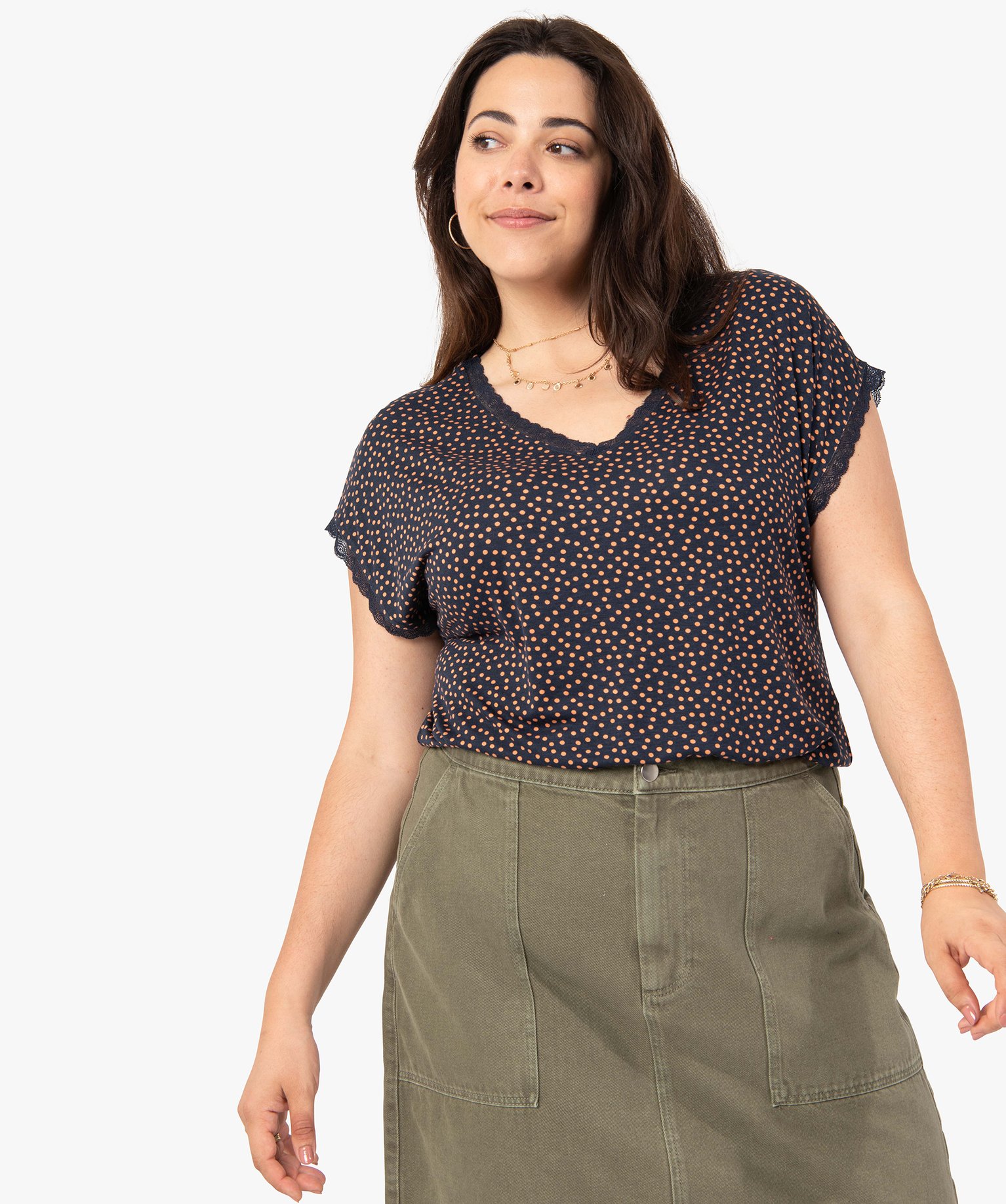 tee-shirt femme grande taille a col v en dentelle imprime t-shirts manches courtes