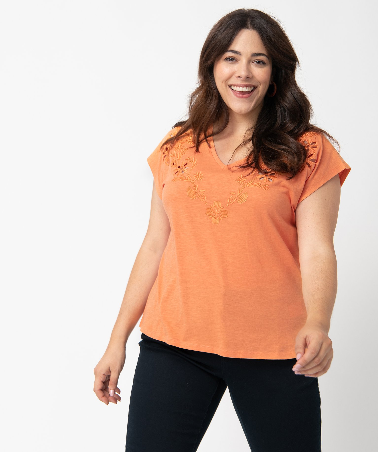 tee-shirt femme grande taille brode sur lavant orange