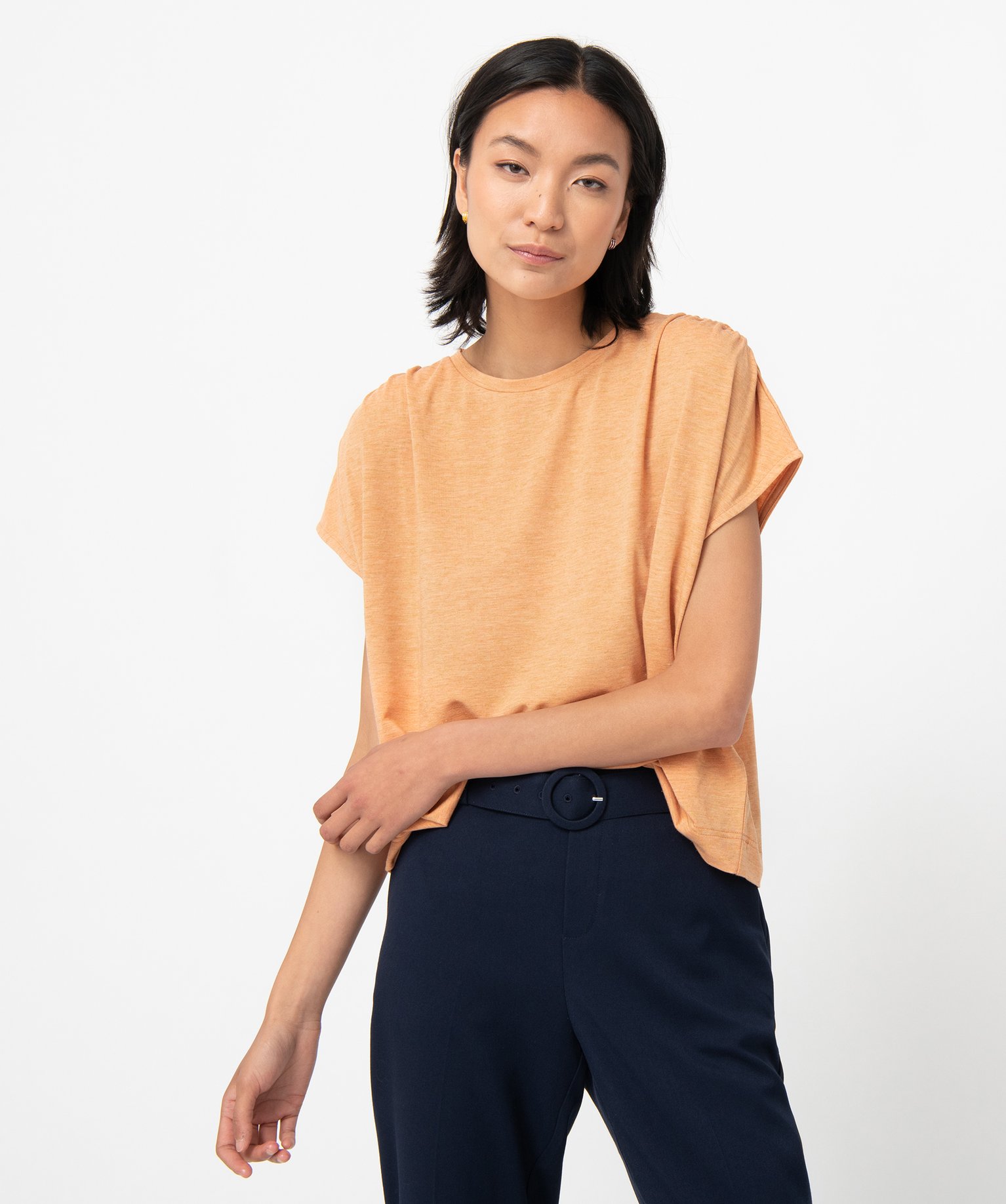 tee-shirt femme coupe oversize en maille pailletee orange t-shirts manches courtes