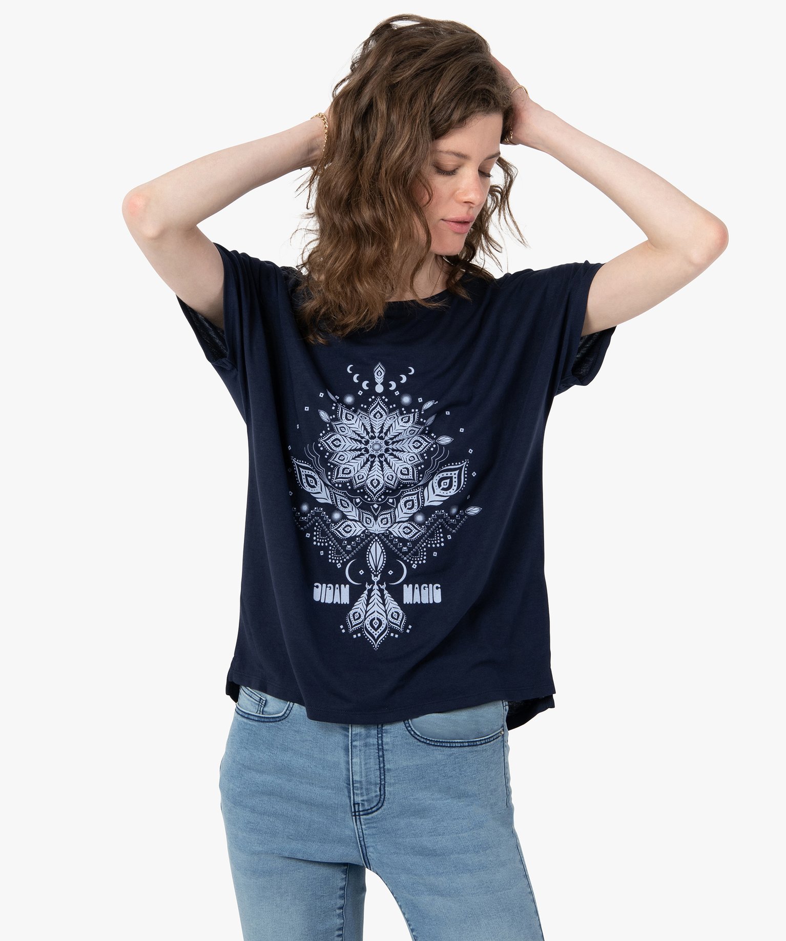 tee-shirt femme a manches courtes imprime coupe loose bleu t-shirts manches courtes