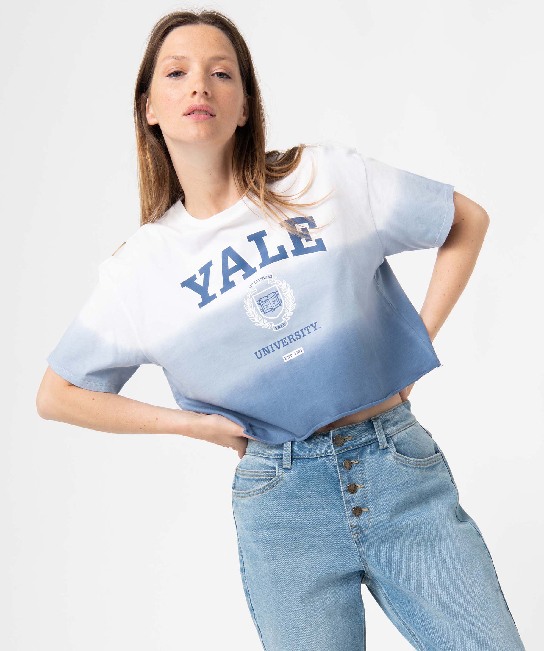 tee-shirt femme coupe ample et courte - yale bleu t-shirts manches courtes