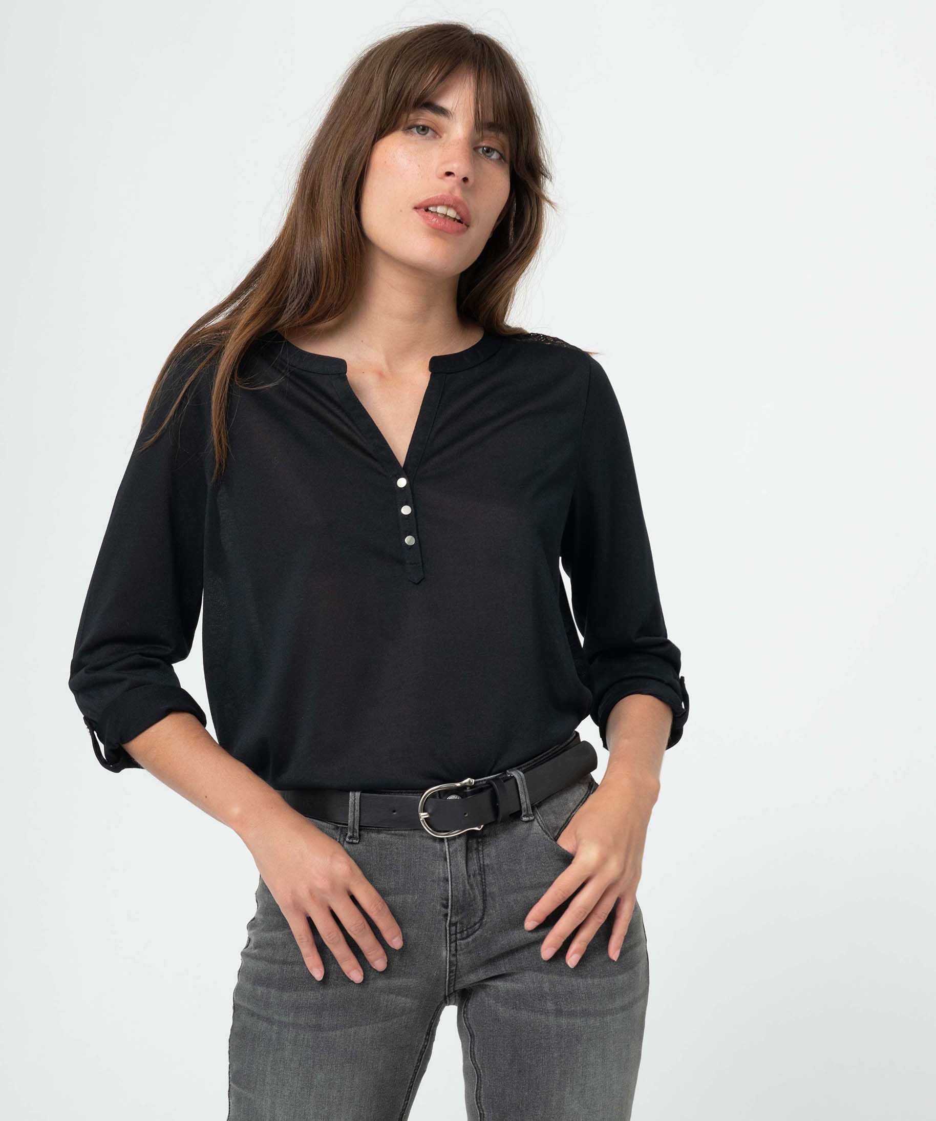 tee-shirt femme a manches longues et dos dentelle noir t-shirts manches longues