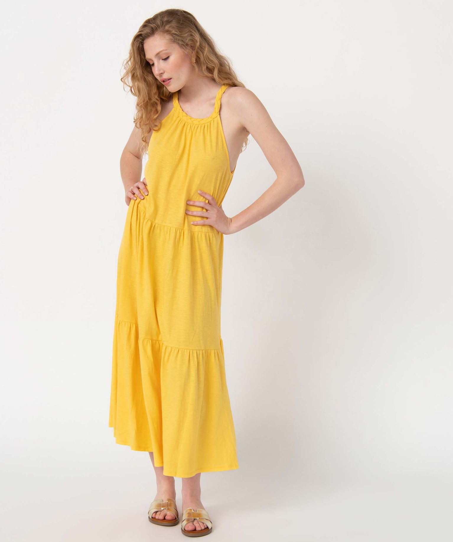 robe femme longue sans manches avec col tresse jaune