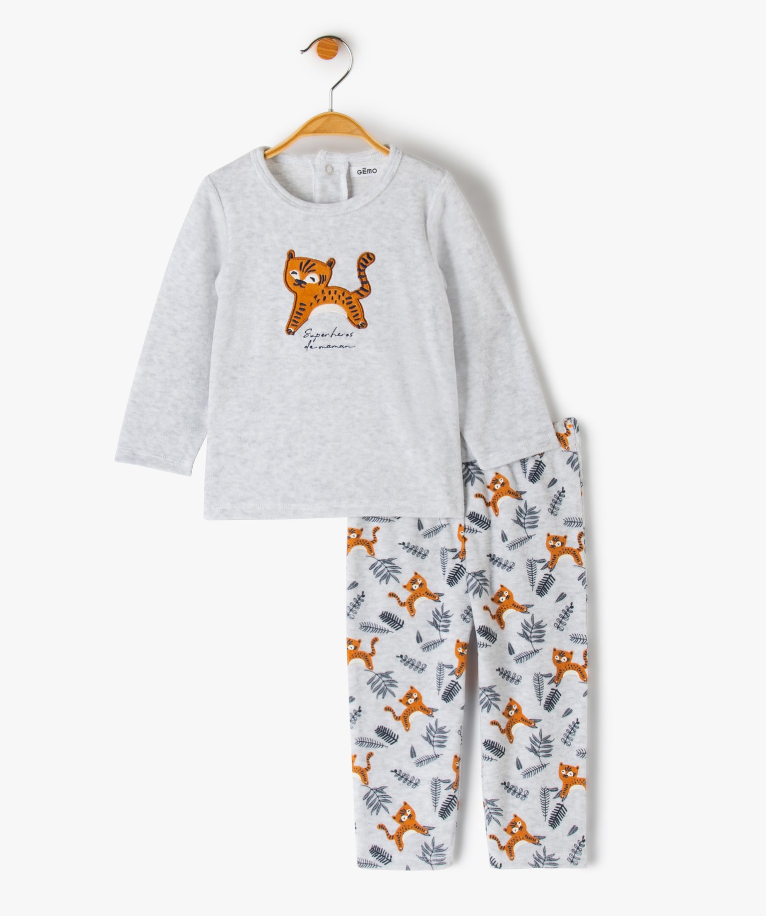 pyjama bebe 2 pieces en velours a motif tigre gris