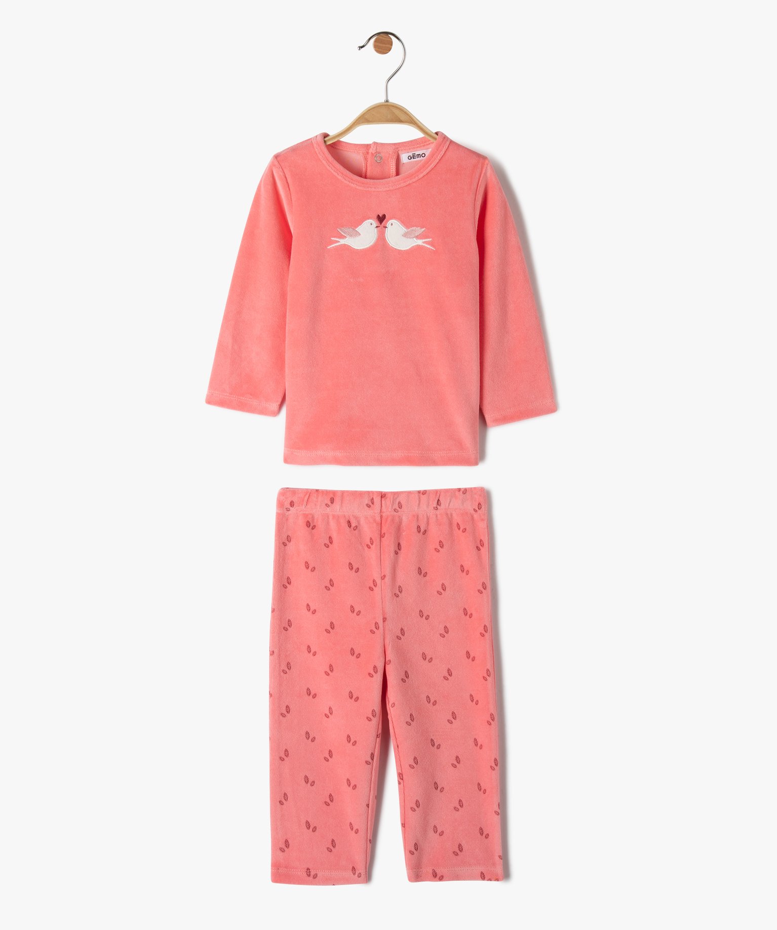 pyjama bebe fille en velours 2 pieces avec motif oiseaux rose