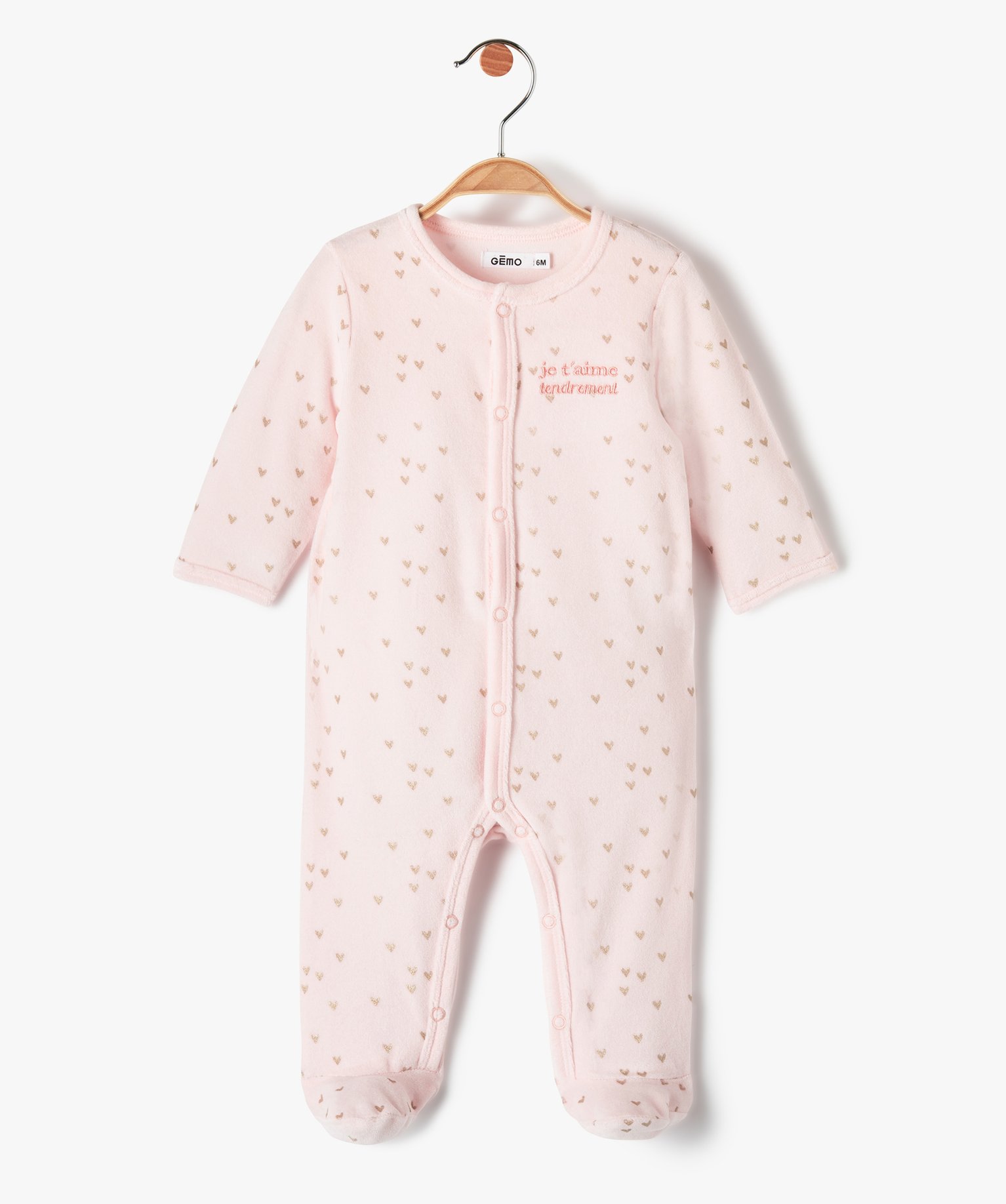 pyjama bebe en velours pastel a cours dores et ouverture ventrale rose