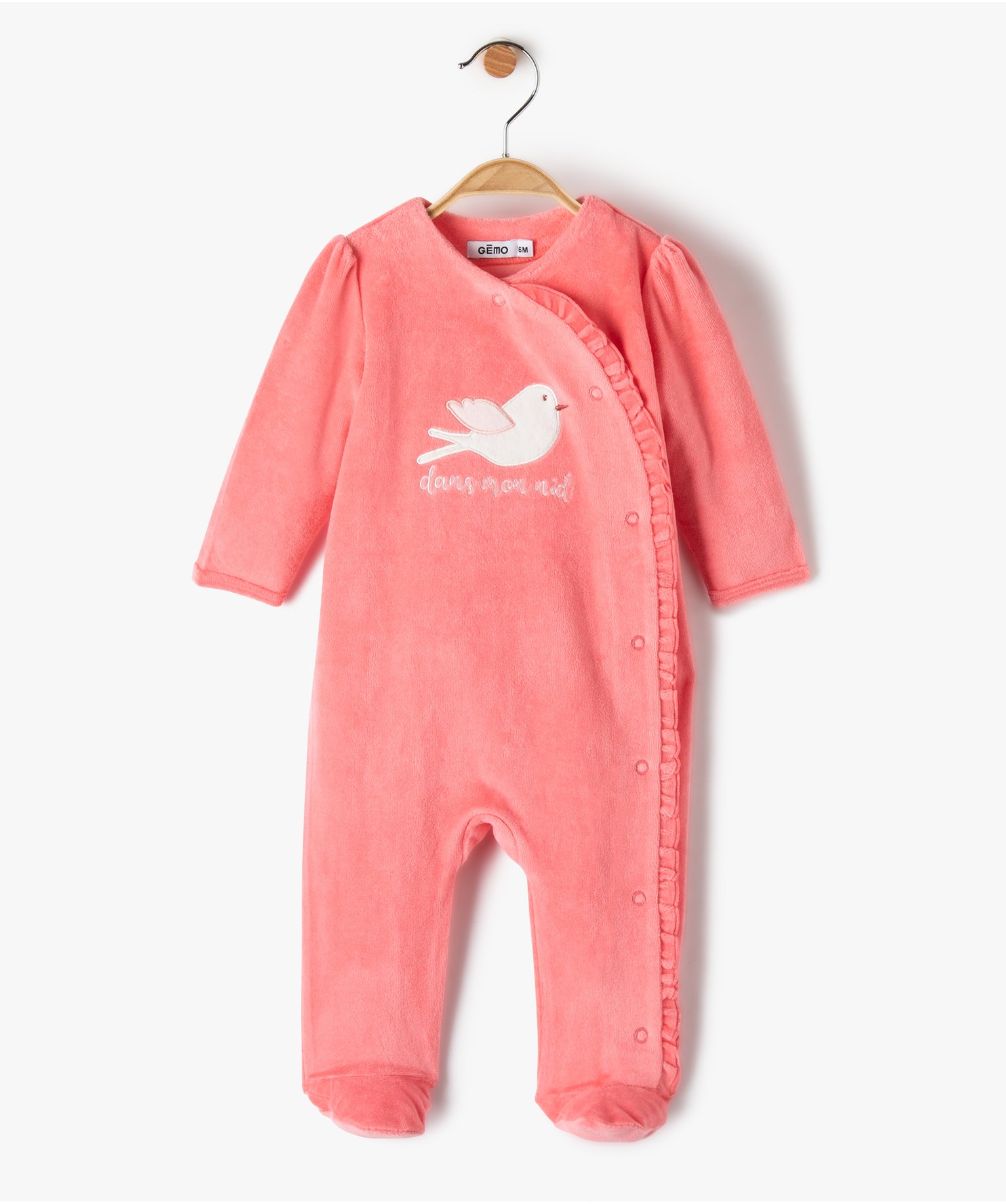 pyjama bebe fille en velours avec ouverture volantee sur lavant rose