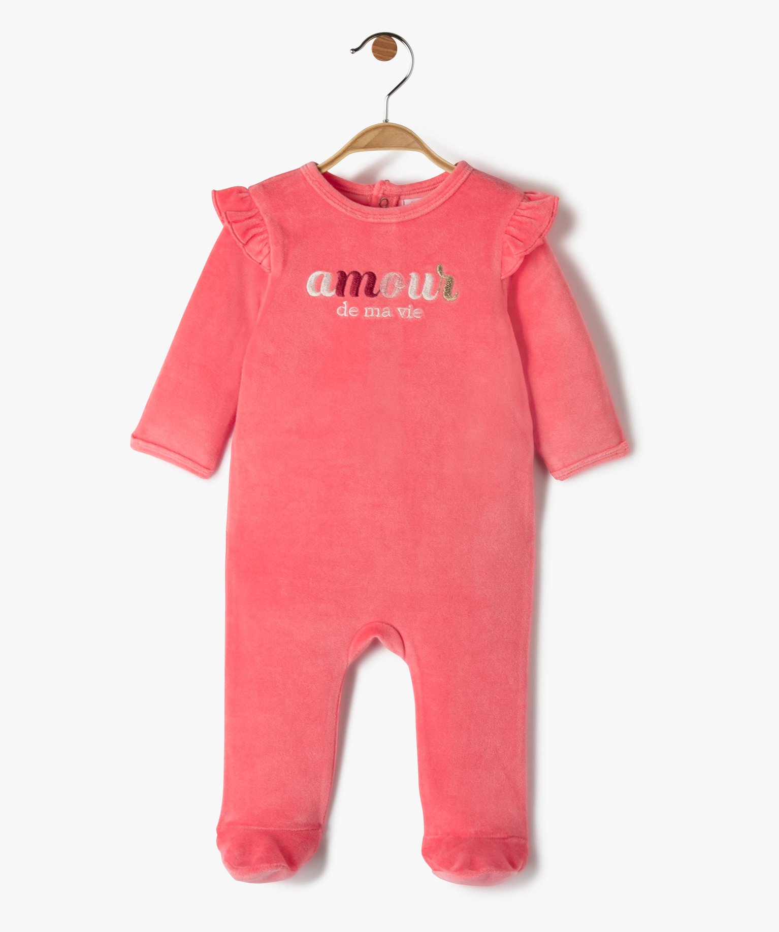 pyjama bebe fille en velours avec volants aux epaules rose