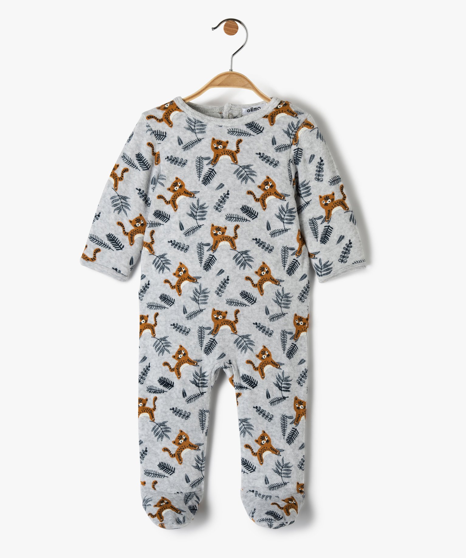 pyjama dors-bien bebe en velours avec motifs tigres gris