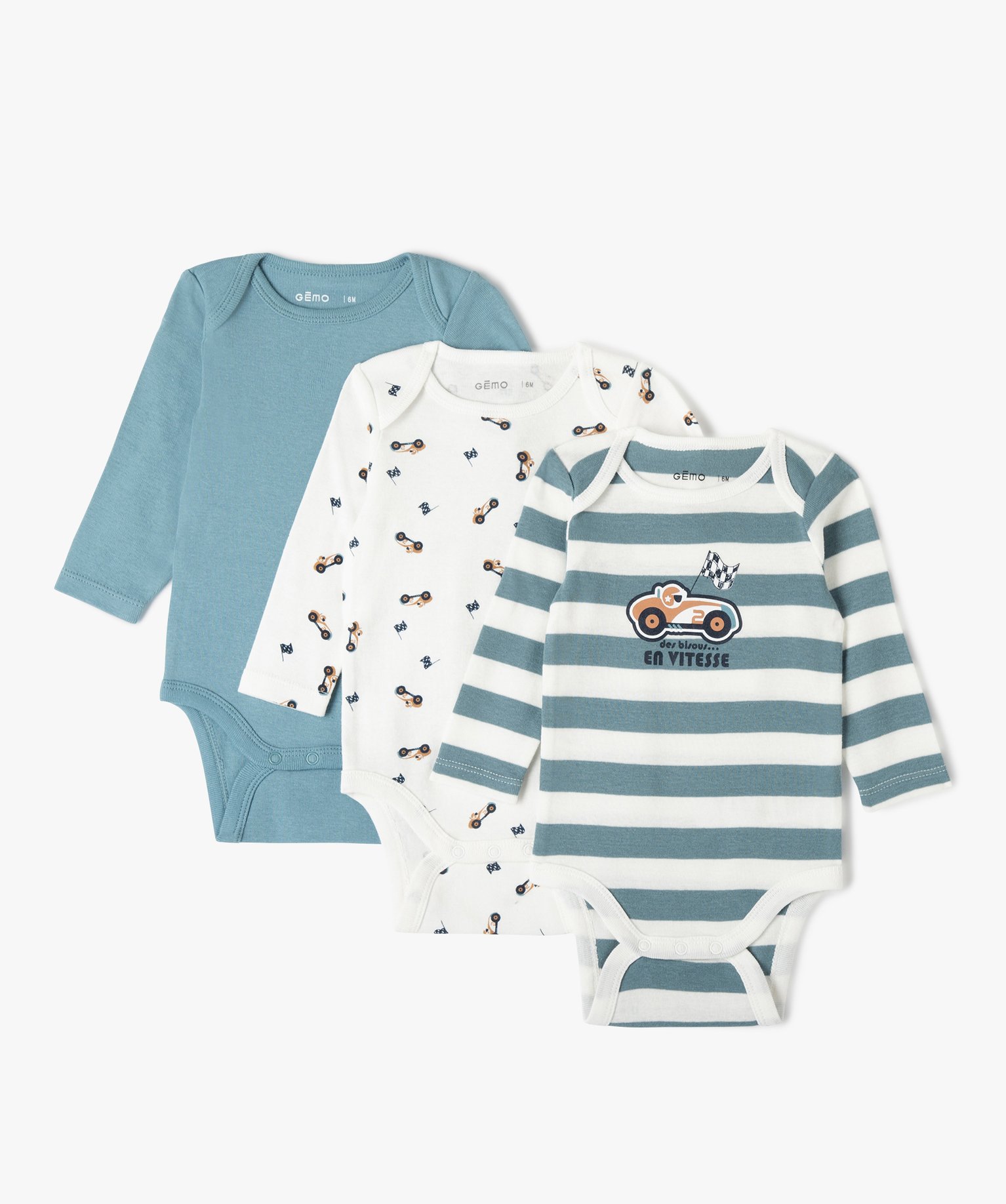 body bebe garcon a manches longues avec motifs voitures (lot de 3) beige