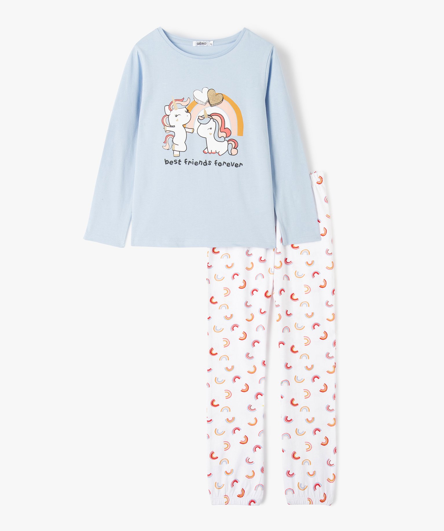 pyjama fille en jersey a motif licornes pailletees bleu