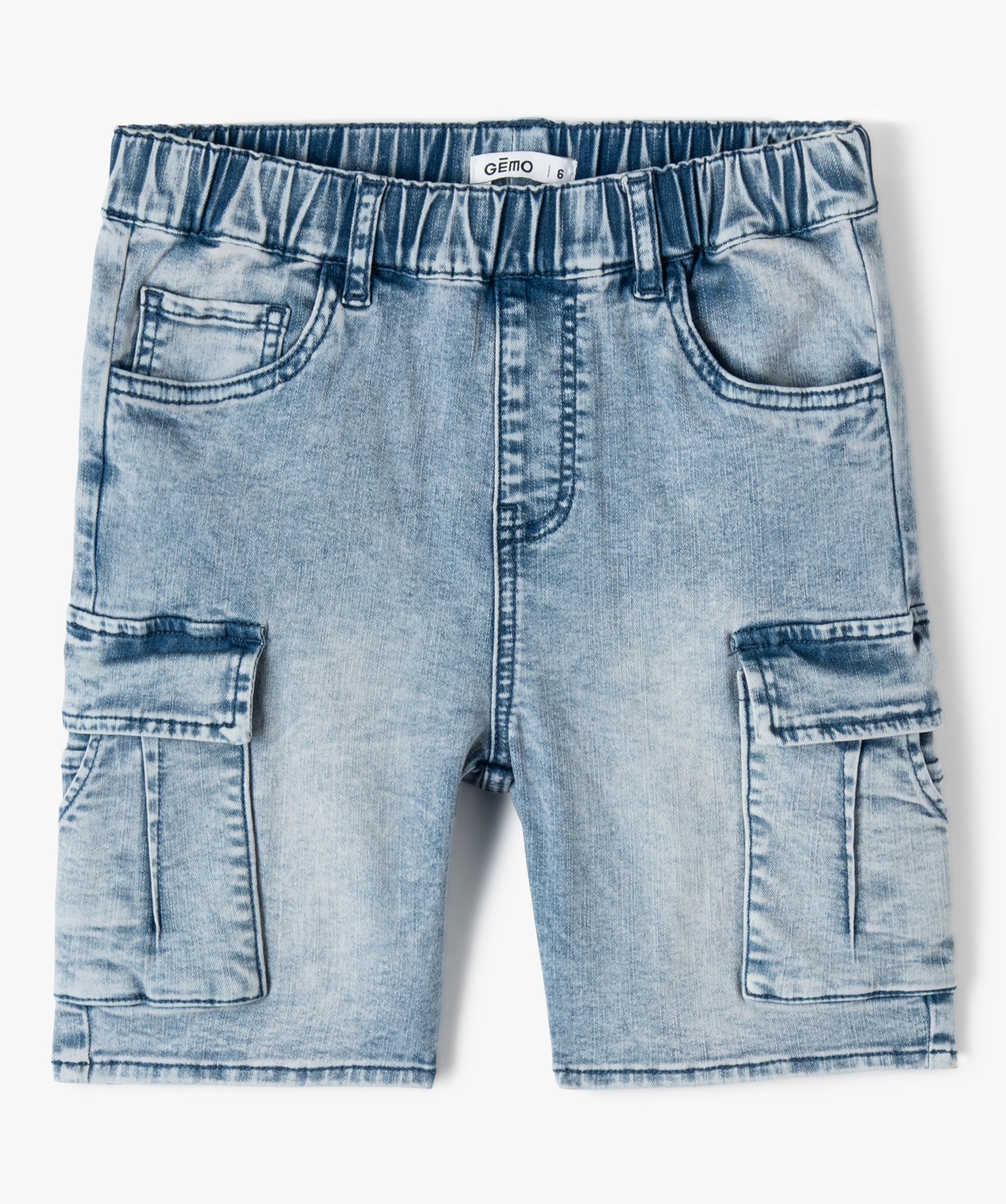 bermuda en jean garcon a poches cargo et taille elastiquee bleu