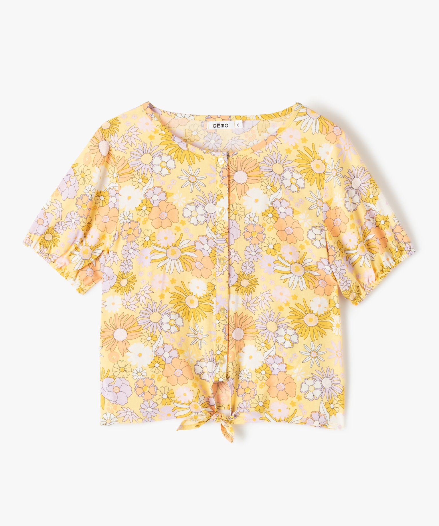 chemise fille a manches courtes et motifs fleuris jaune