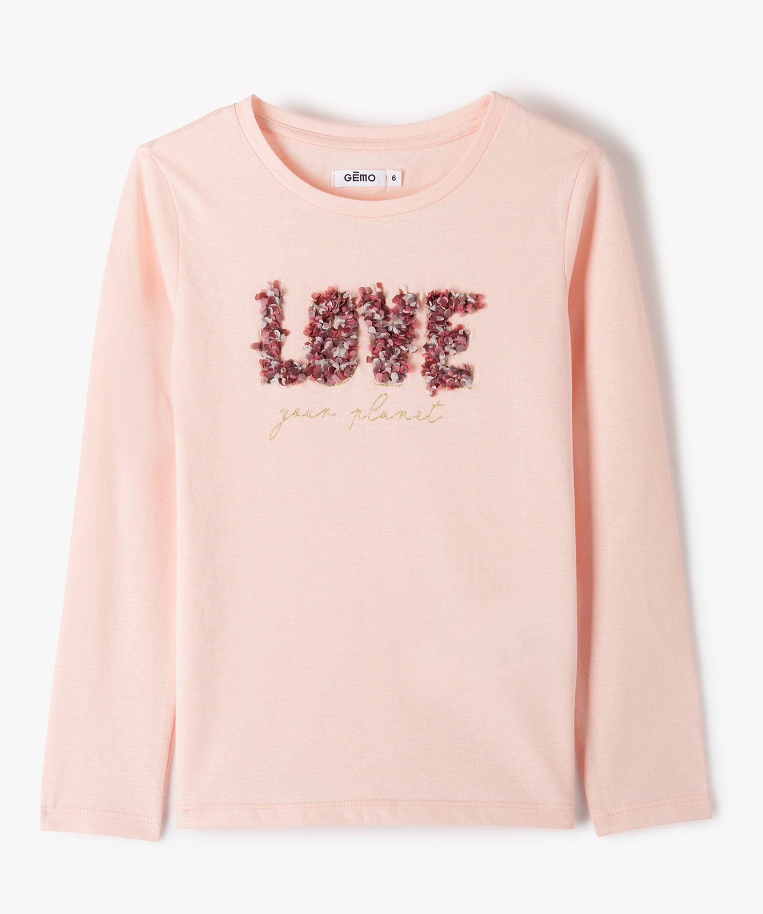 tee-shirt fille a manches longues avec motif en relief rose tee-shirts